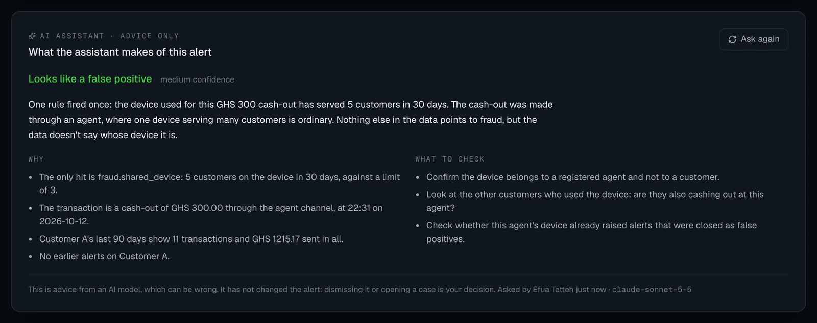 The panel AI assistant · advice only, What the assistant makes of this alert, with an Ask again button. It reads Looks like a false positive, medium confidence, then a short summary, a Why list of four reasons that name the rule and the figures and call the customer Customer A, a What to check list of three items, and a last line: This is advice from an AI model, which can be wrong. It has not changed the alert, with who asked, when and the model. The advice is sample text from a test stand-in