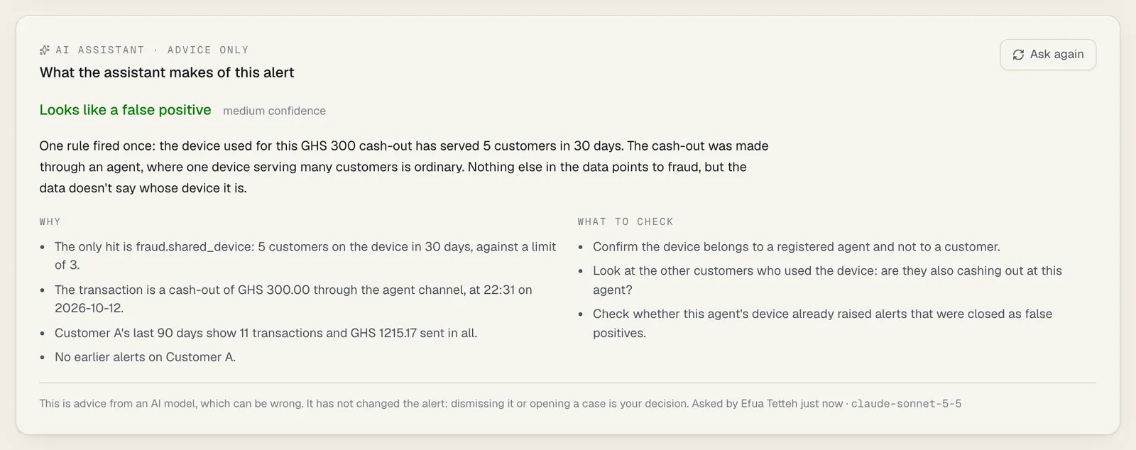 The panel AI assistant · advice only, What the assistant makes of this alert, with an Ask again button. It reads Looks like a false positive, medium confidence, then a short summary, a Why list of four reasons that name the rule and the figures and call the customer Customer A, a What to check list of three items, and a last line: This is advice from an AI model, which can be wrong. It has not changed the alert, with who asked, when and the model. The advice is sample text from a test stand-in