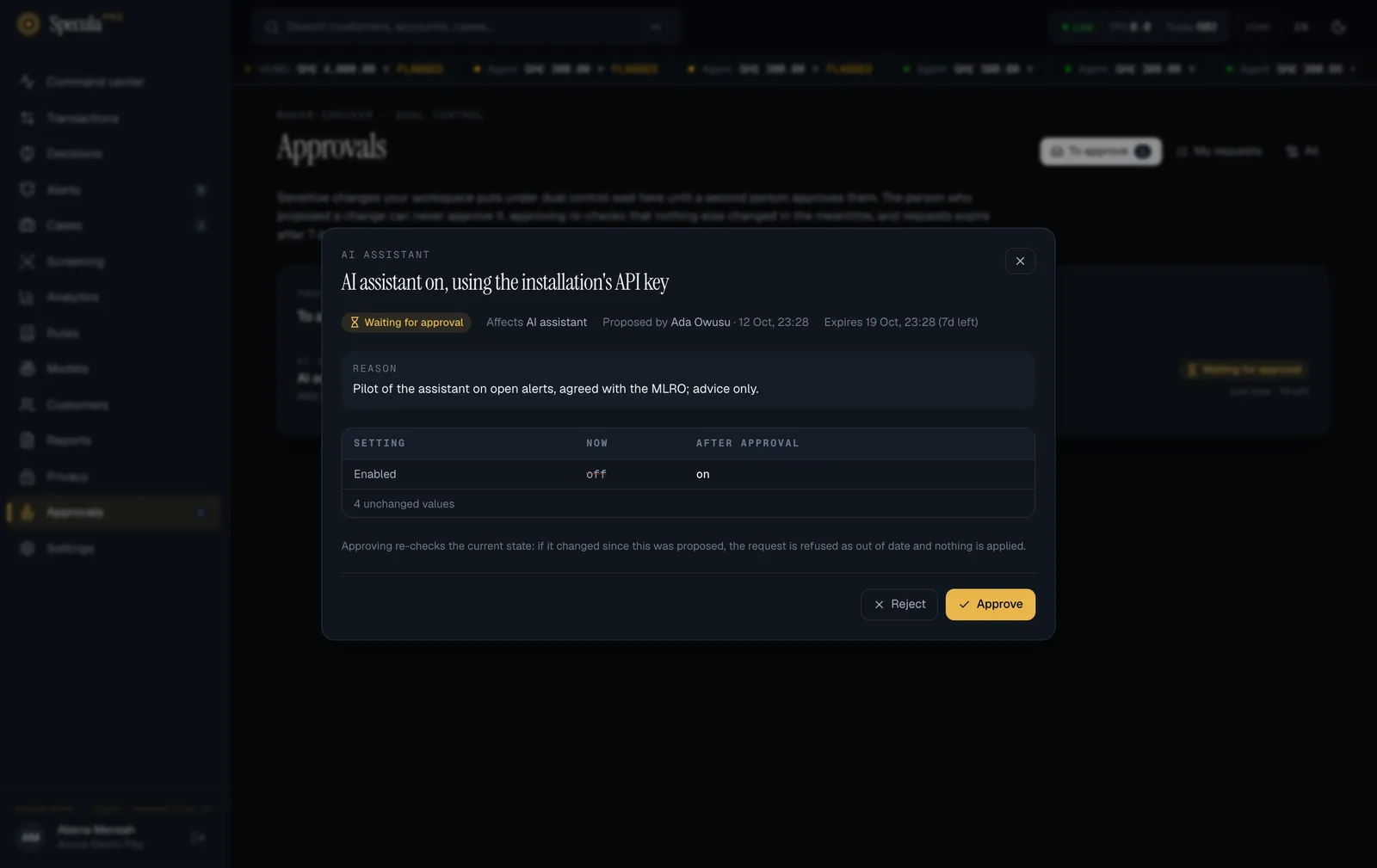 The Approvals page with one request to approve: AI assistant on, using the installation's API key, proposed by Ada Owusu with her reason. The opened request shows Waiting for approval, when it expires, a table with Enabled going from off to on and four unchanged values, a note that approving re-checks the current state, and Reject and Approve buttons