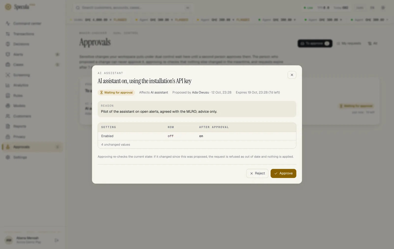 The Approvals page with one request to approve: AI assistant on, using the installation's API key, proposed by Ada Owusu with her reason. The opened request shows Waiting for approval, when it expires, a table with Enabled going from off to on and four unchanged values, a note that approving re-checks the current state, and Reject and Approve buttons