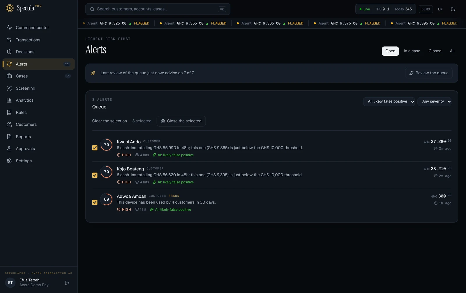 The Alerts queue filtered to AI: likely false positive, showing three alerts, all ticked. Above them the line reads Clear the selection, 3 selected, and a Close the selected button. The bar above reads Last review of the queue just now: advice on 7 of 7. The advice is sample answers from a test stand-in