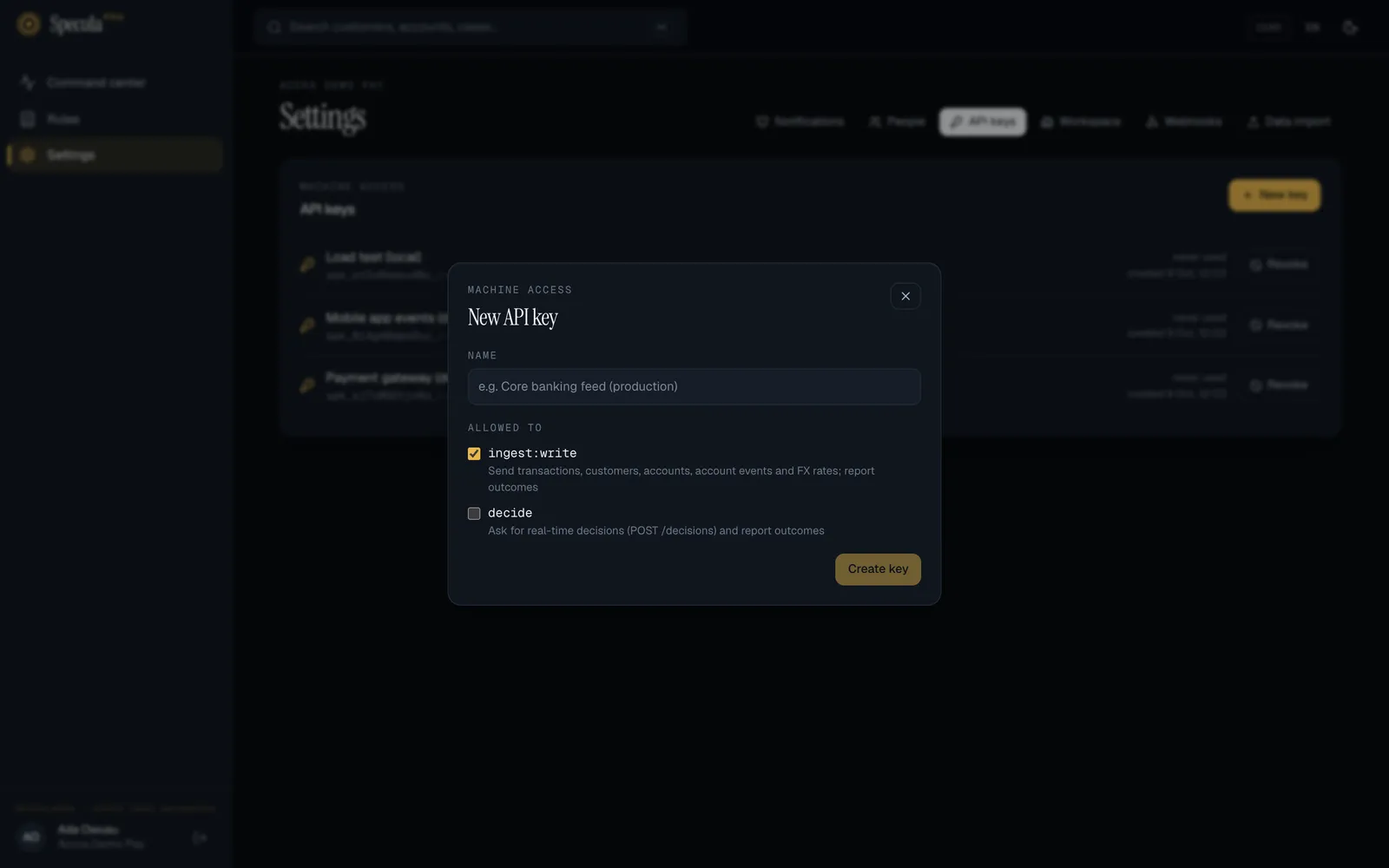 The New API key panel: a Name field and, under Allowed to, the ingest:write scope (ticked) and the decide scope, each with a description, and the Create key button