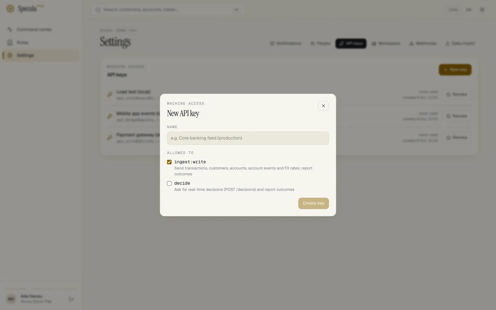 The New API key panel: a Name field and, under Allowed to, the ingest:write scope (ticked) and the decide scope, each with a description, and the Create key button