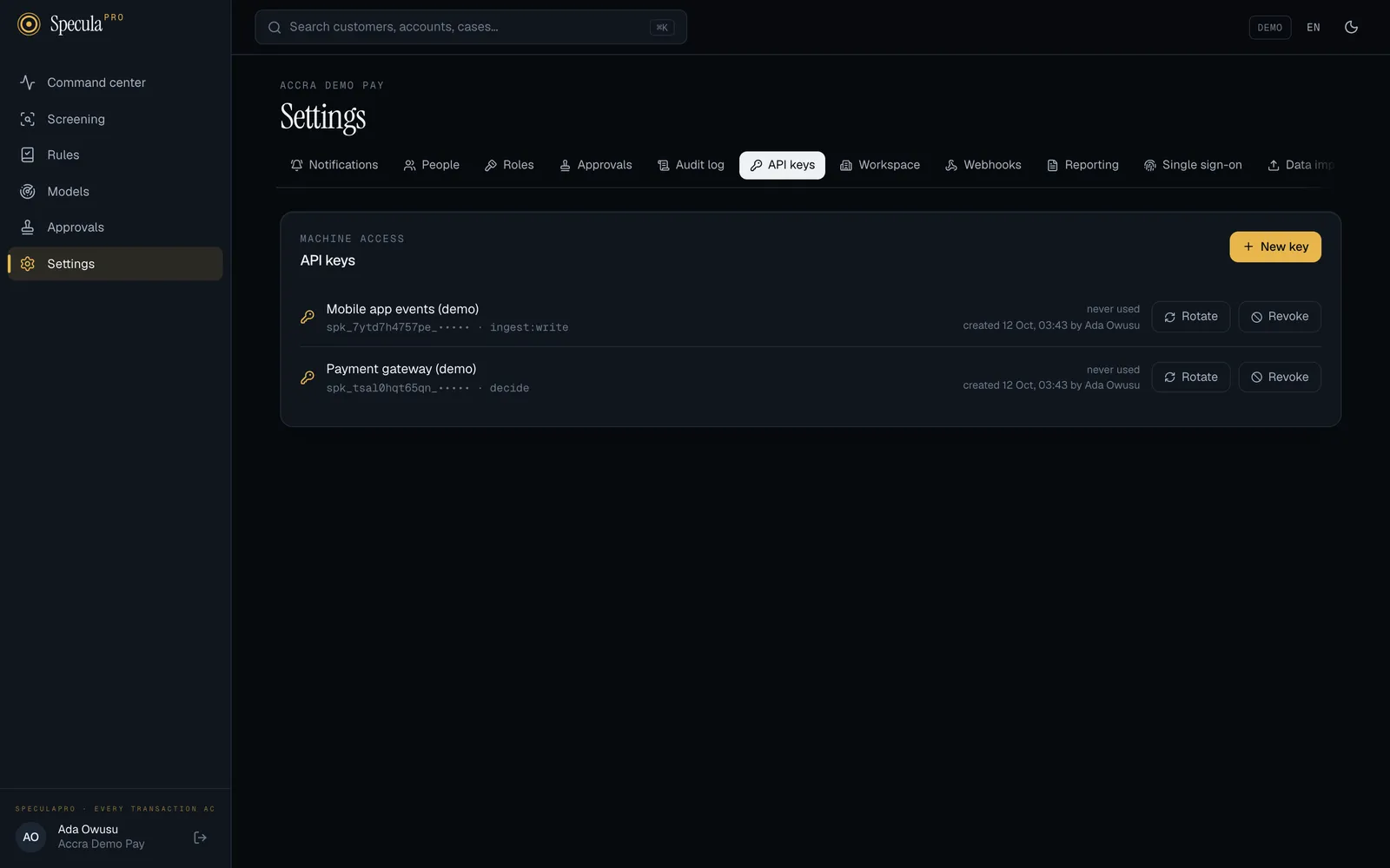 Settings, API keys tab: the New key button and two keys, each with its name, prefix and scope, never used, created 12 Oct by Ada Owusu, and Rotate and Revoke buttons