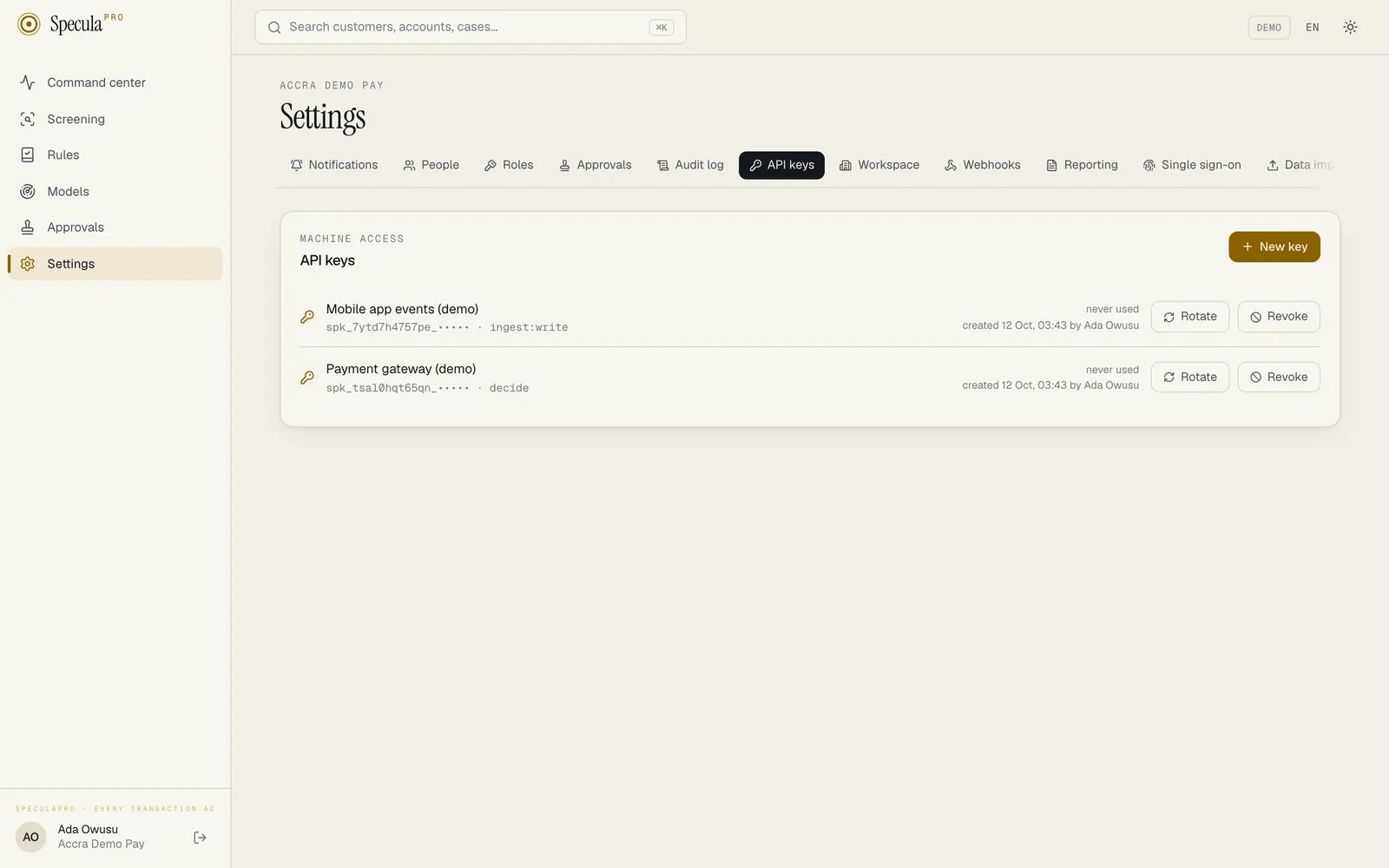 Settings, API keys tab: the New key button and two keys, each with its name, prefix and scope, never used, created 12 Oct by Ada Owusu, and Rotate and Revoke buttons