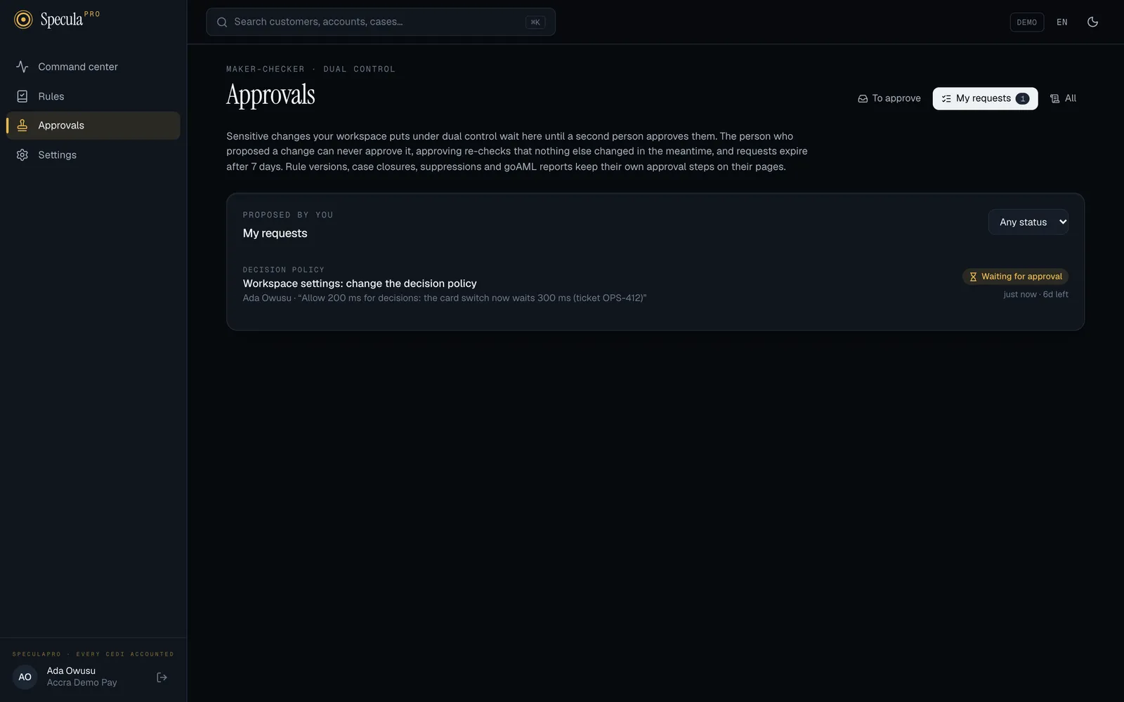Approvals, My requests tab: one request, Decision policy, Workspace settings: change the decision policy, with the reason in quotes and the status Waiting for approval, 6d left