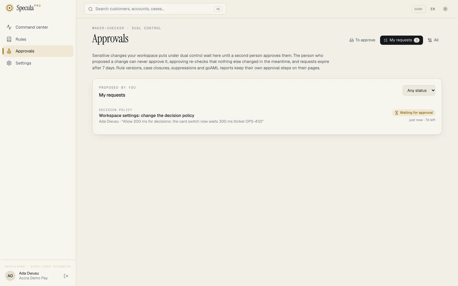 Approvals, My requests tab: one request, Decision policy, Workspace settings: change the decision policy, with the reason in quotes and the status Waiting for approval, 6d left