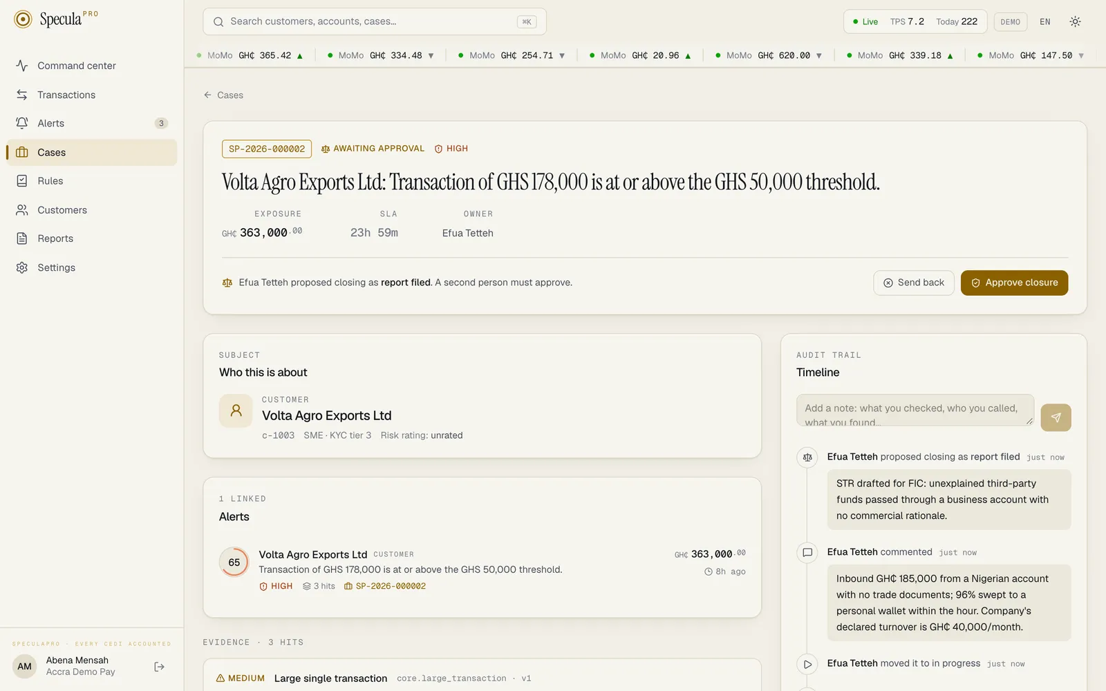 A case awaiting approval, seen by an MLRO, with the Send back and Approve closure buttons