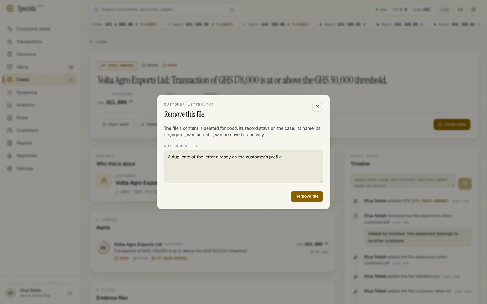 The Remove this file sheet for customer-letter.txt: the text saying the file's content is deleted for good and its record stays on the case (its name, its fingerprint, who added it, who removed it and why), the Why remove it box with a reason typed in, and the Remove file button