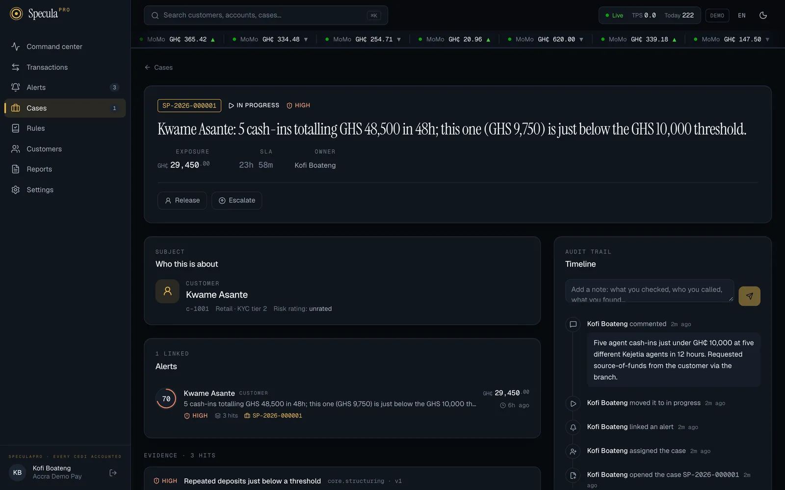 A case in progress: the header with its actions, the subject, linked alerts and evidence, and the timeline on the right