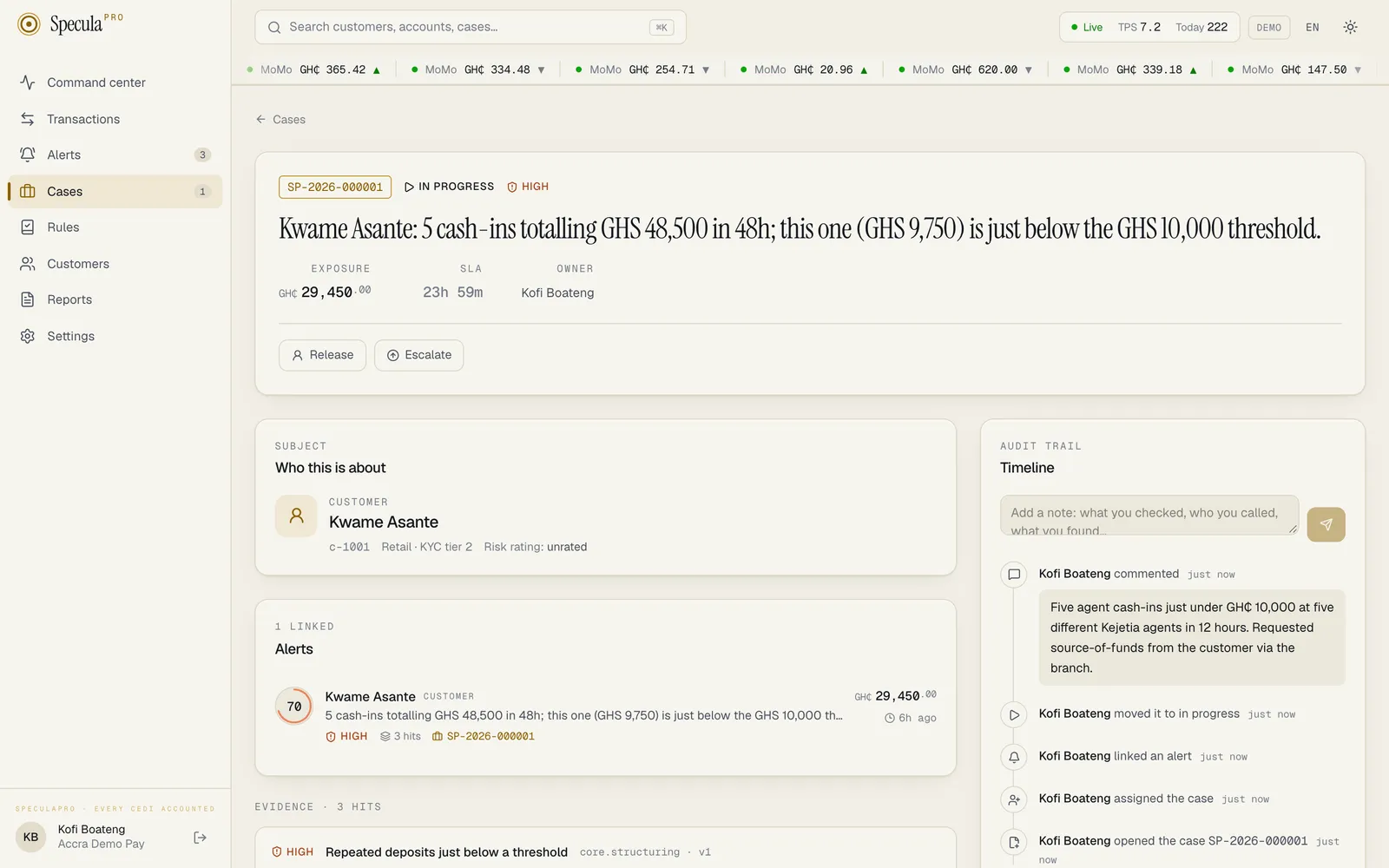 A case in progress: the header with its actions, the subject, linked alerts and evidence, and the timeline on the right