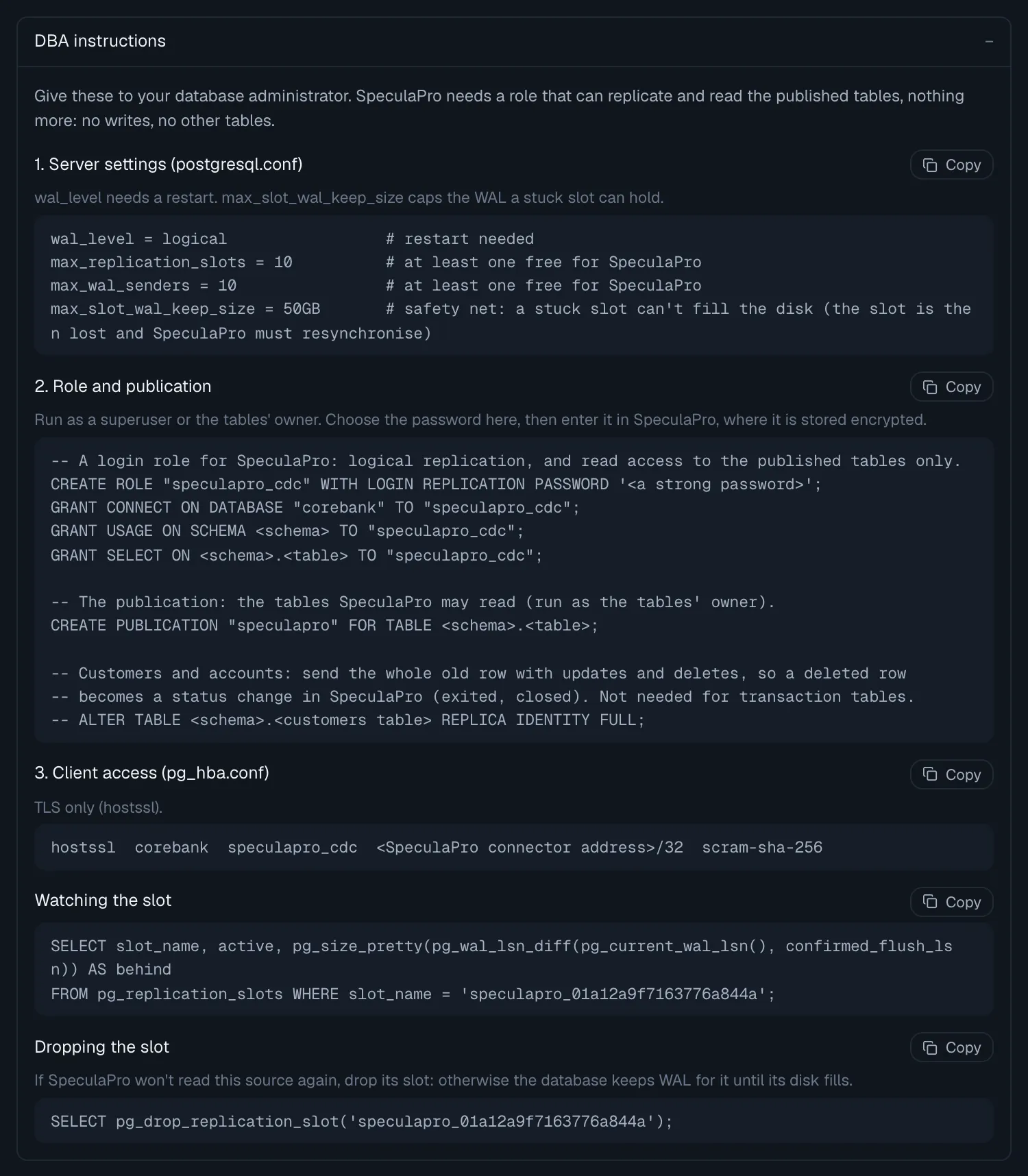 DBA instructions on a Postgres source, each block with a Copy button: 1. Server settings (postgresql.conf), 2. Role and publication with CREATE ROLE, GRANT and CREATE PUBLICATION statements, 3. Client access (pg_hba.conf) with a hostssl line, Watching the slot, and Dropping the slot