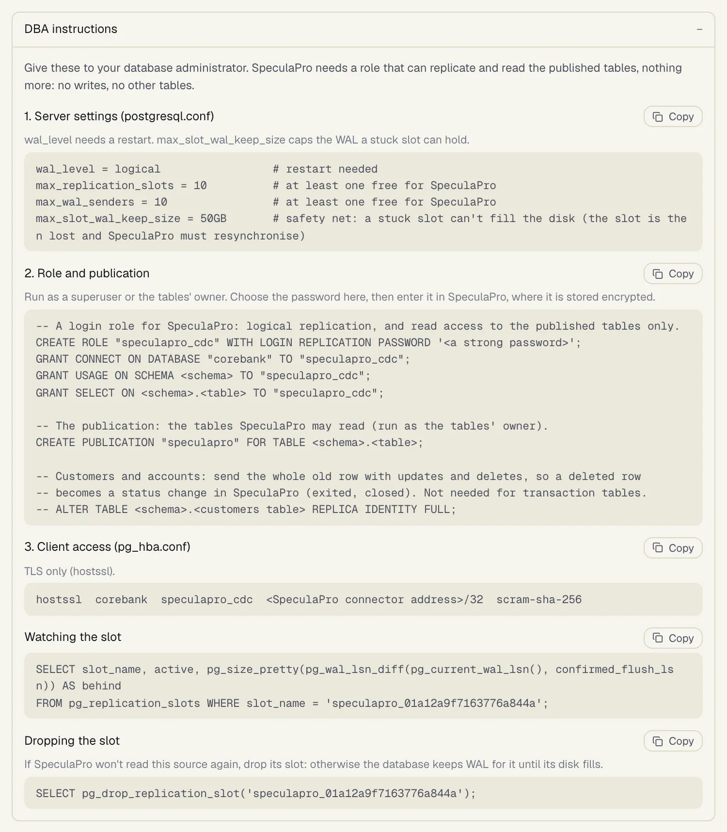 DBA instructions on a Postgres source, each block with a Copy button: 1. Server settings (postgresql.conf), 2. Role and publication with CREATE ROLE, GRANT and CREATE PUBLICATION statements, 3. Client access (pg_hba.conf) with a hostssl line, Watching the slot, and Dropping the slot
