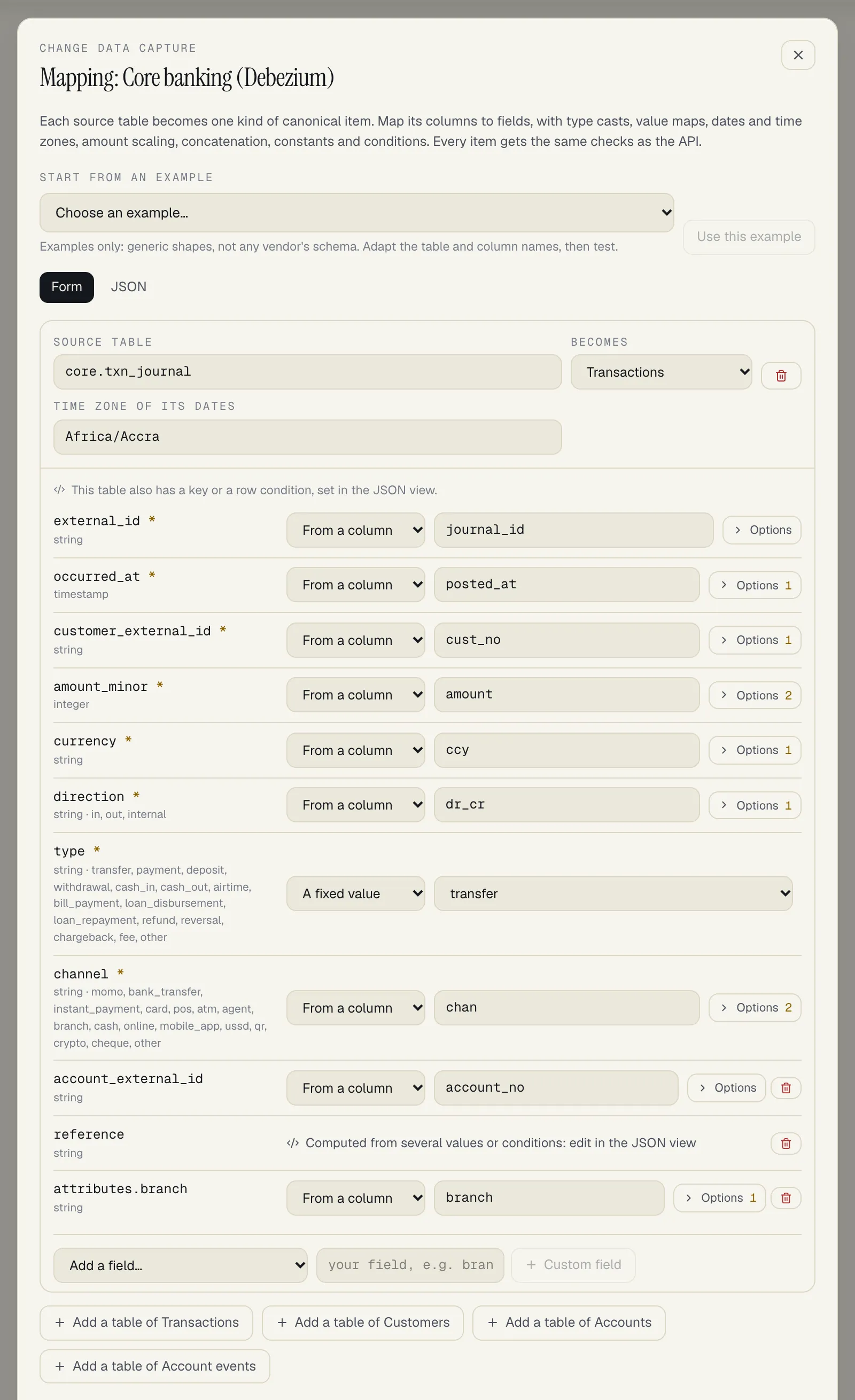 The mapping sheet for Core banking (Debezium) on the Form tab: Start from an example, the Form and JSON tabs, and one table card with Source table core.txn_journal, Becomes Transactions and Time zone of its dates Africa/Accra; a note that the table also has a key or a row condition set in the JSON view; field rows such as external_id from the column journal_id, type as the fixed value transfer and reference marked Computed from several values or conditions: edit in the JSON view, each column row with an Options button; Add a field, Custom field, and the Add a table of Transactions, Customers, Accounts and Account events buttons