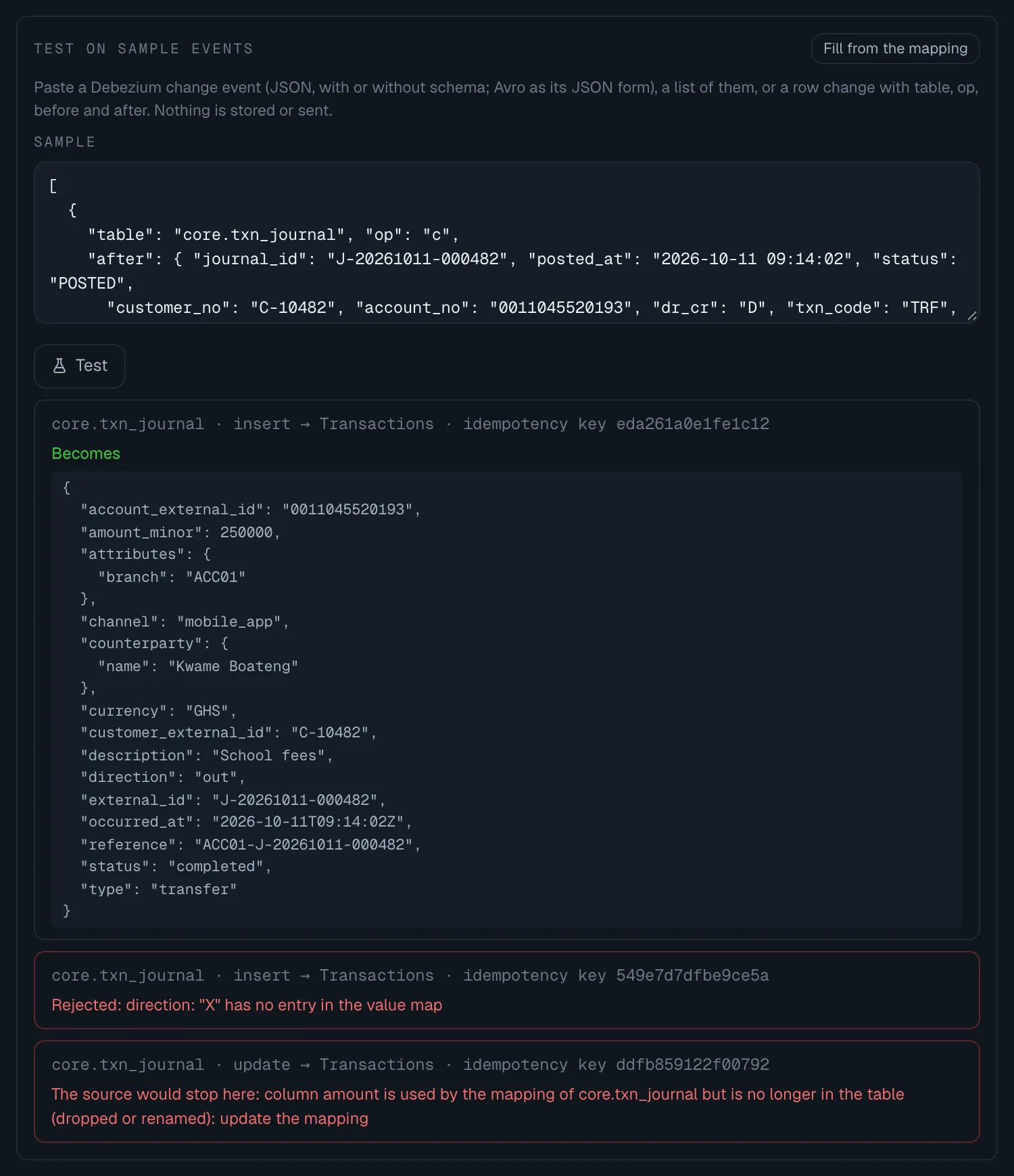 Test on sample events with three results for core.txn_journal: an insert that Becomes a transaction, shown as JSON with amount_minor 250000 and channel mobile_app; an insert Rejected: direction X has no entry in the value map; and an update where The source would stop here because column amount is no longer in the table