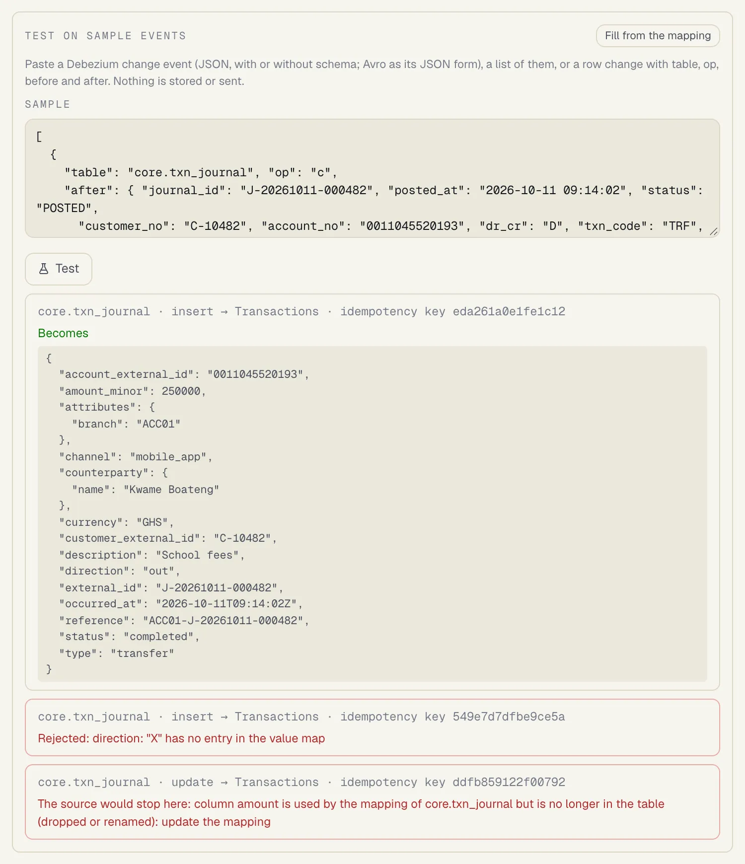 Test on sample events with three results for core.txn_journal: an insert that Becomes a transaction, shown as JSON with amount_minor 250000 and channel mobile_app; an insert Rejected: direction X has no entry in the value map; and an update where The source would stop here because column amount is no longer in the table