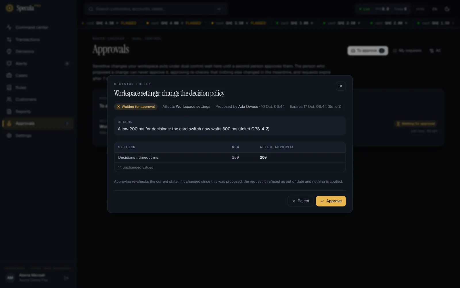 A change request opened from Approvals: Decision policy, Workspace settings: change the decision policy, Waiting for approval, proposed by Ada Owusu, expires in 7 days; the reason; a table with Decisions › timeout ms, 150 now and 200 after approval, and 14 unchanged values; the Reject and Approve buttons