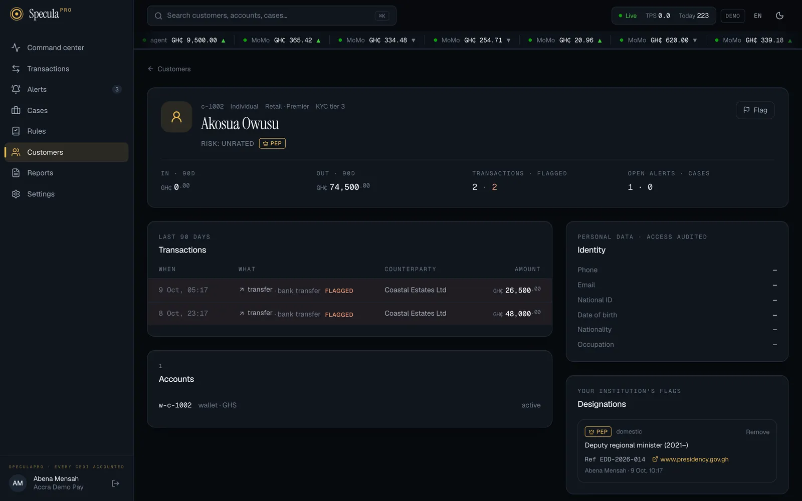 A customer profile: 90-day money in and out, flagged transactions, accounts, the audited identity panel, and a PEP designation with its file reference and evidence link