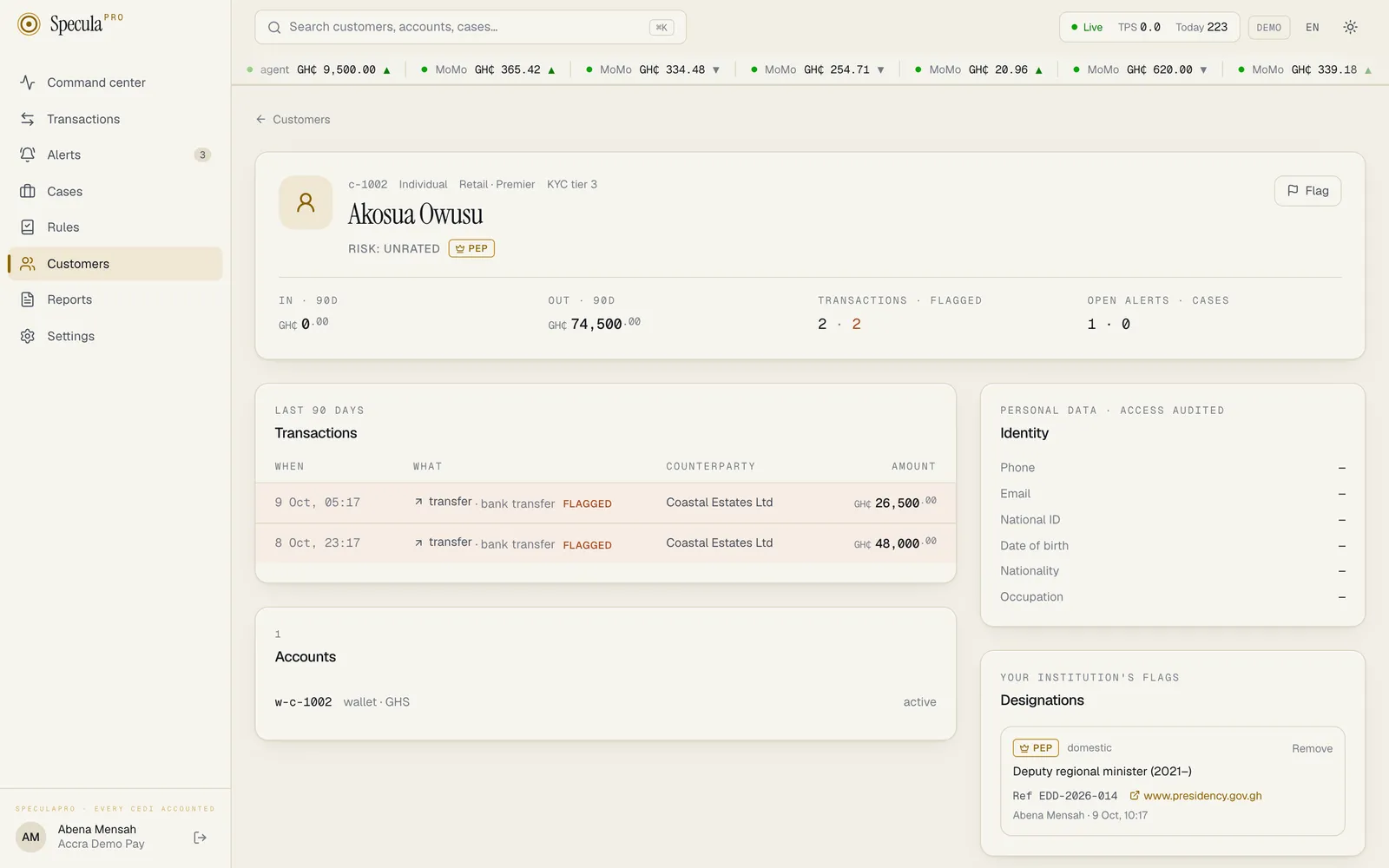 A customer profile: 90-day money in and out, flagged transactions, accounts, the audited identity panel, and a PEP designation with its file reference and evidence link