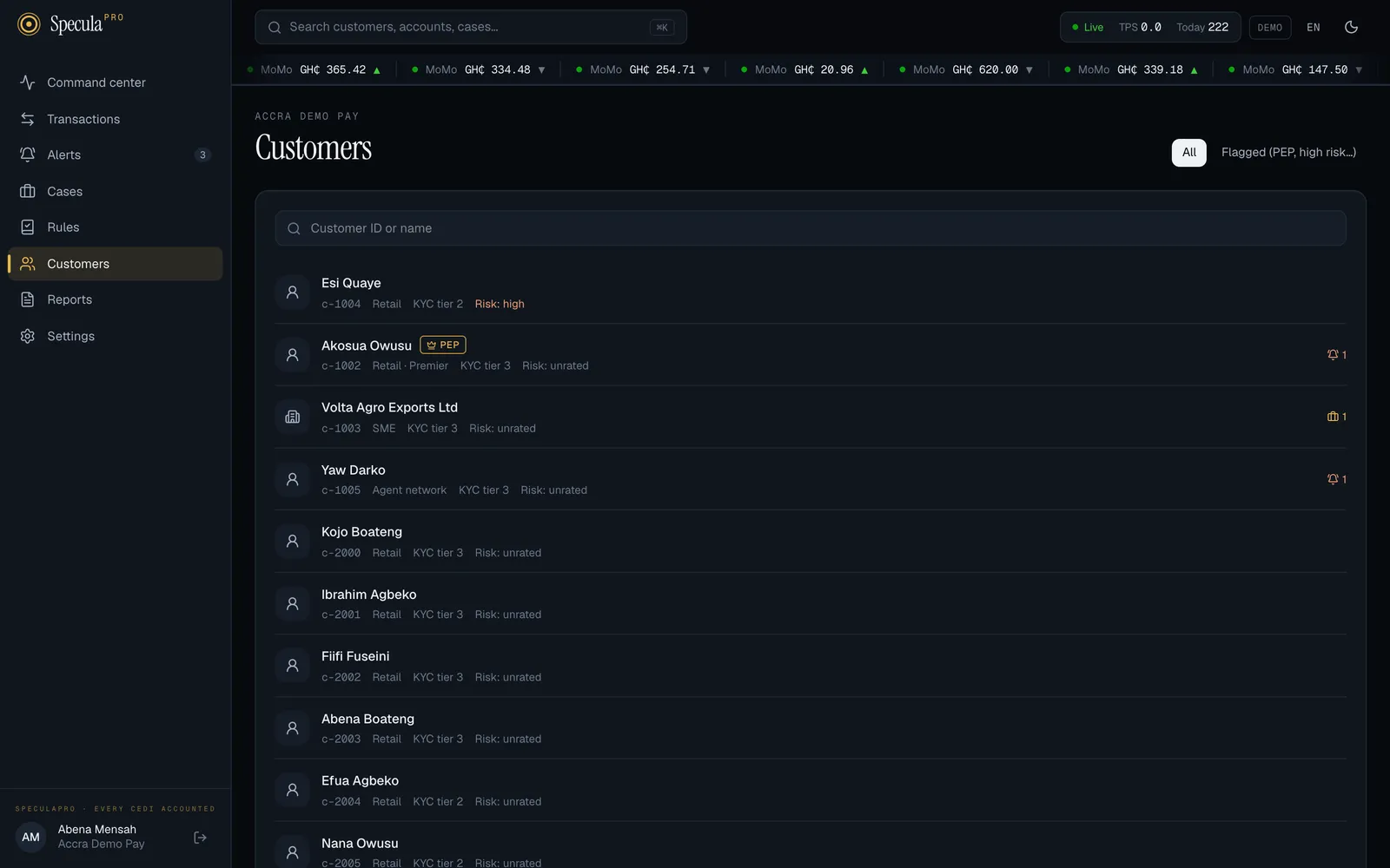 The Customers screen with its search box and the Flagged tab