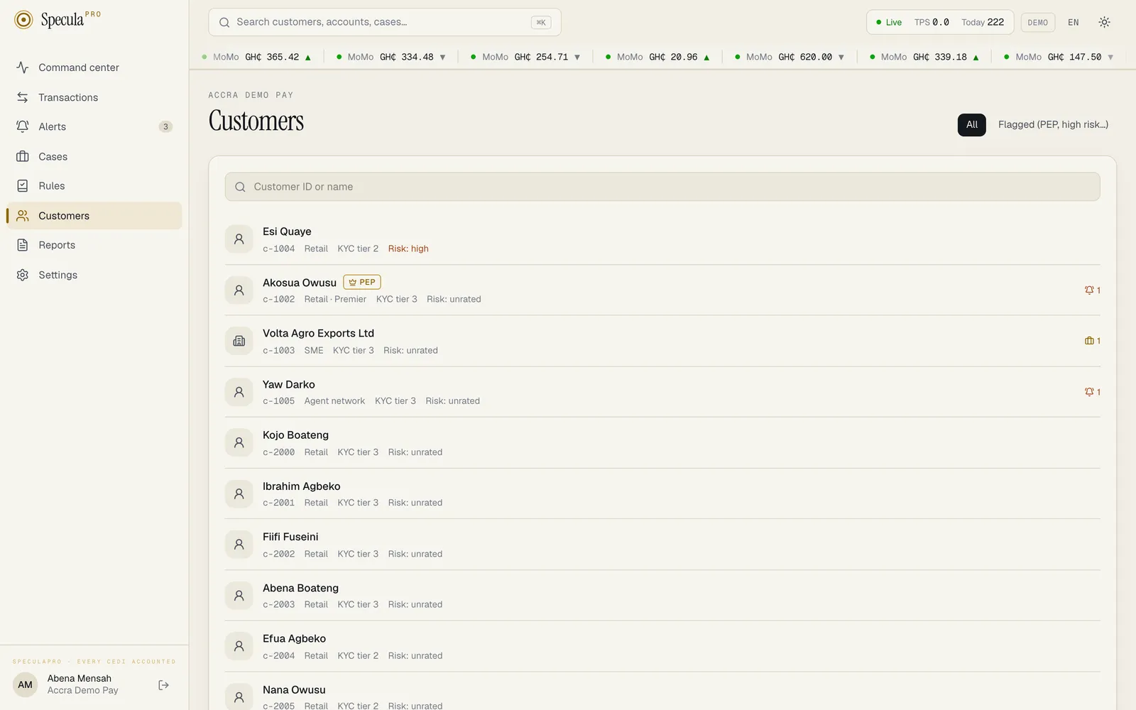The Customers screen with its search box and the Flagged tab