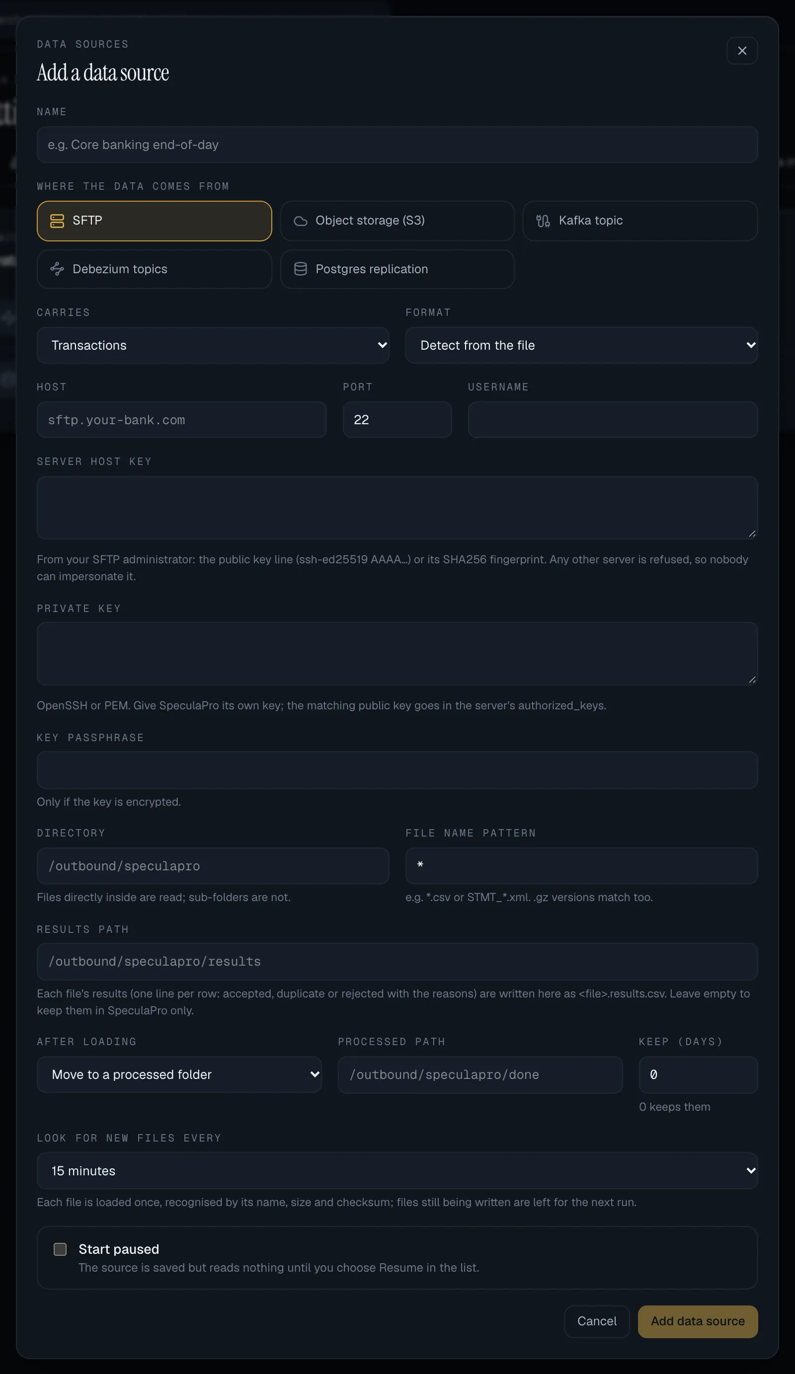 The Add a data source panel with SFTP chosen: name, what it carries, format, host, port, username, the server host key, private key and passphrase, directory, file name pattern, results path, what happens after loading, how often to look for new files, and the Start paused tick box, clear