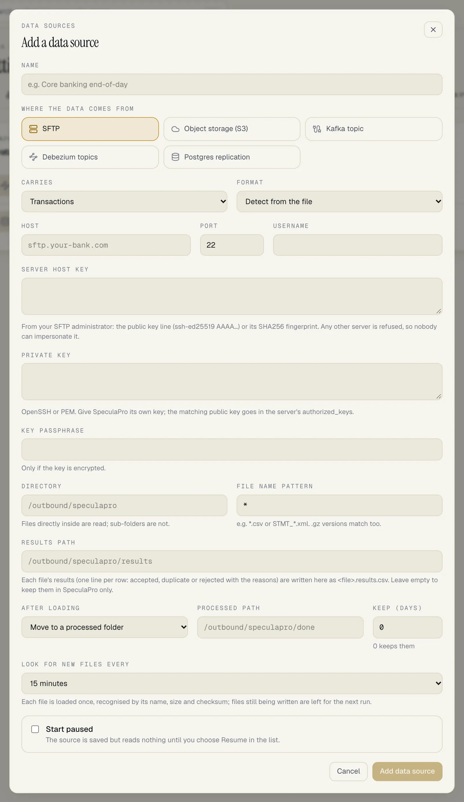 The Add a data source panel with SFTP chosen: name, what it carries, format, host, port, username, the server host key, private key and passphrase, directory, file name pattern, results path, what happens after loading, how often to look for new files, and the Start paused tick box, clear