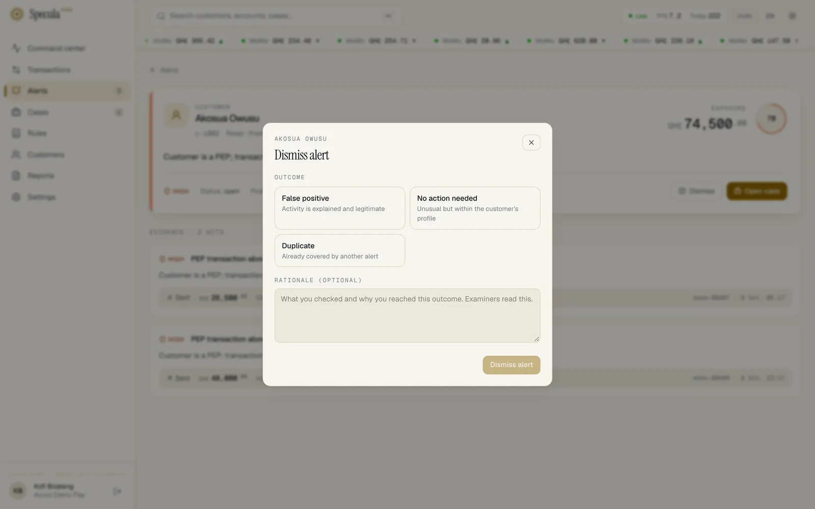 The Dismiss alert panel with its three outcomes and an optional rationale