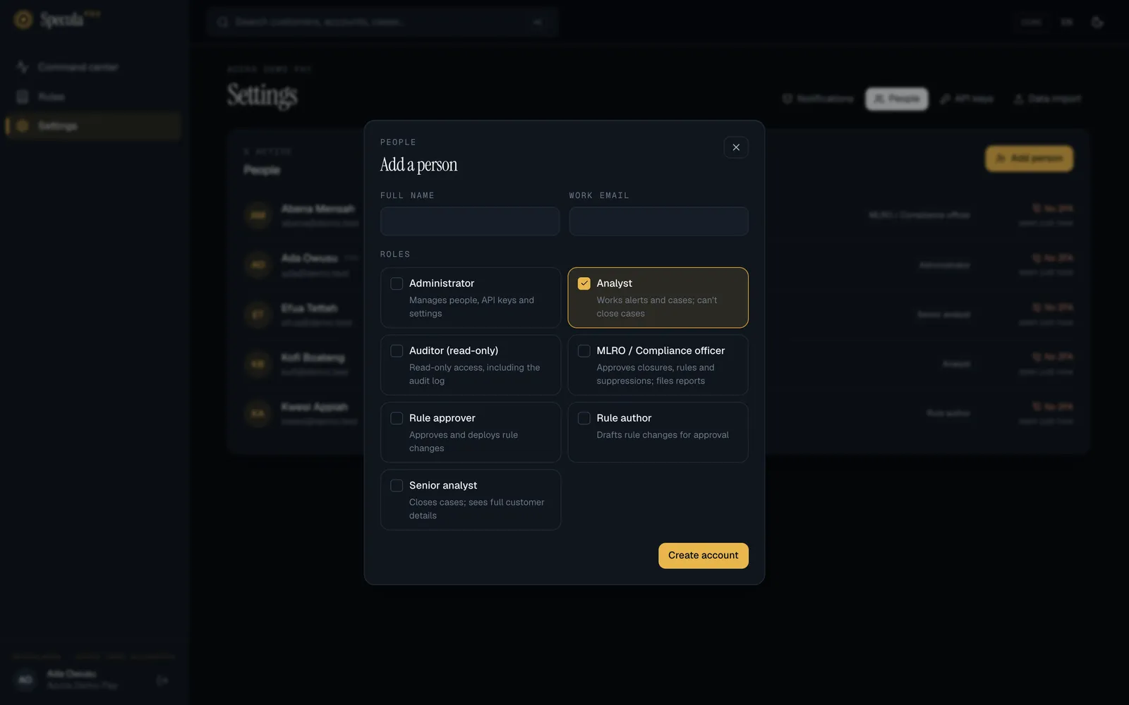 The Add a person panel: full name, work email and a role to tick for each job