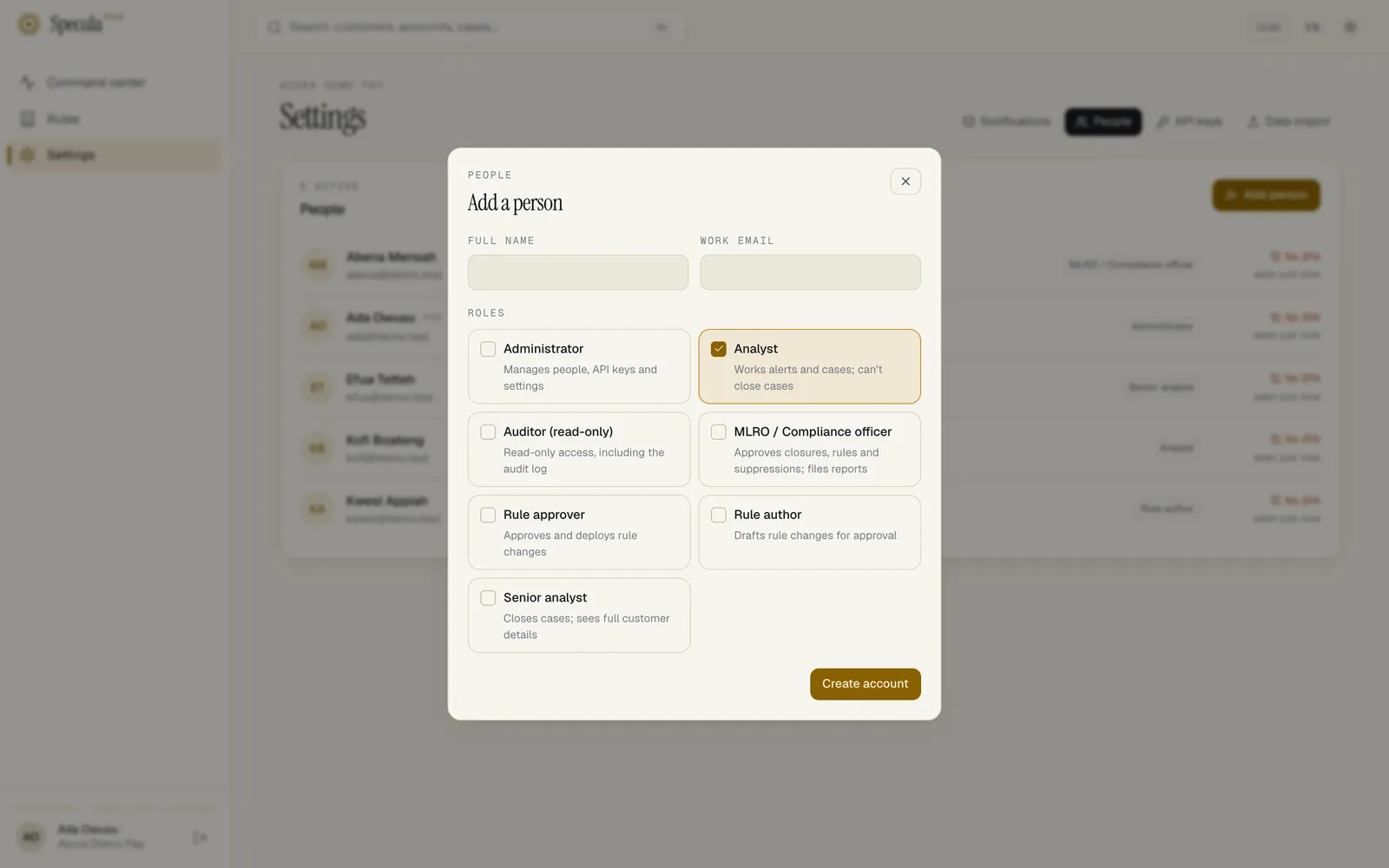 The Add a person panel: full name, work email and a role to tick for each job