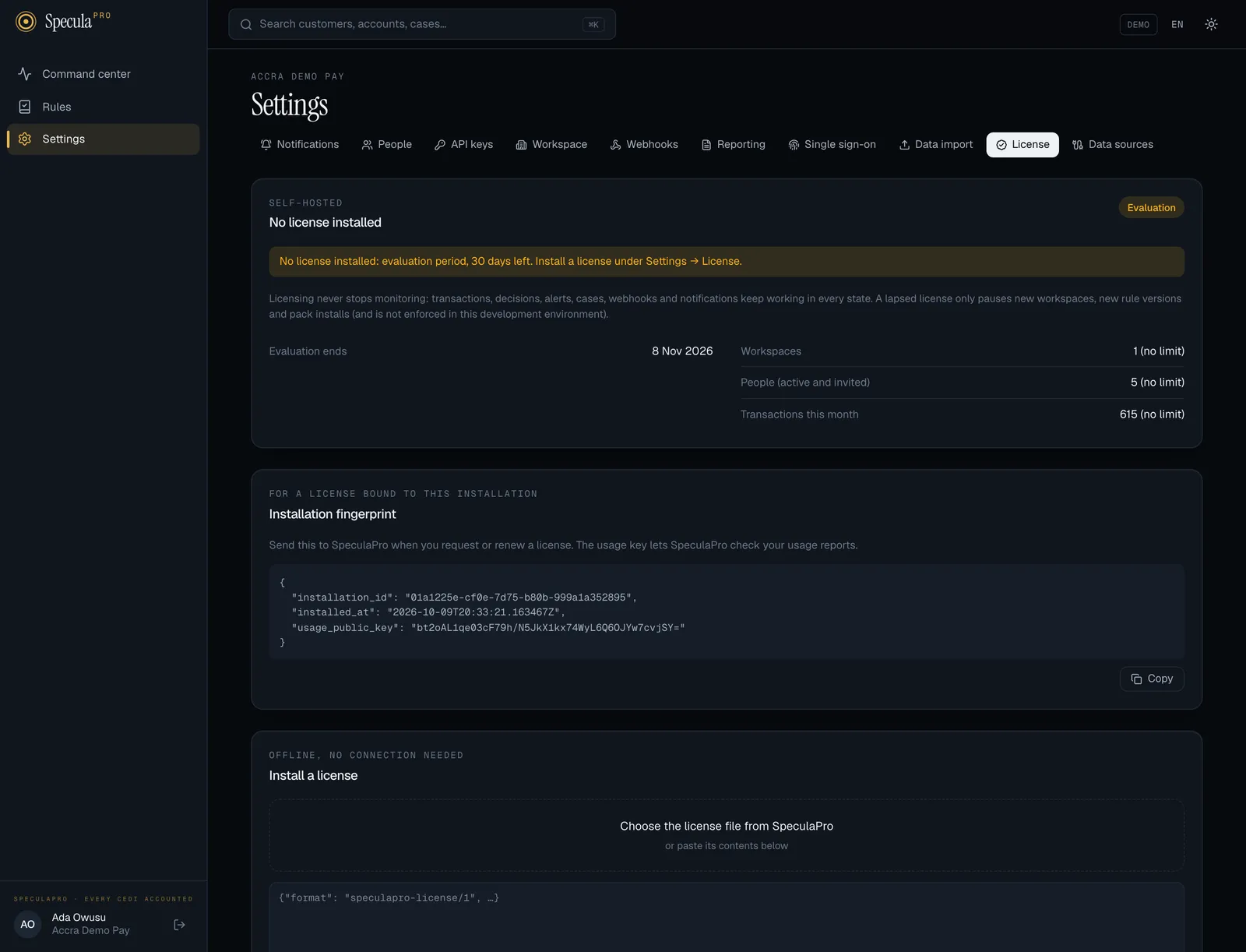 Settings, License tab on an installation without a licence: the Evaluation badge, 30 days left, what a lapsed licence never stops, the evaluation end date and usage against limits, the installation fingerprint with a Copy button, and the Install a license panel