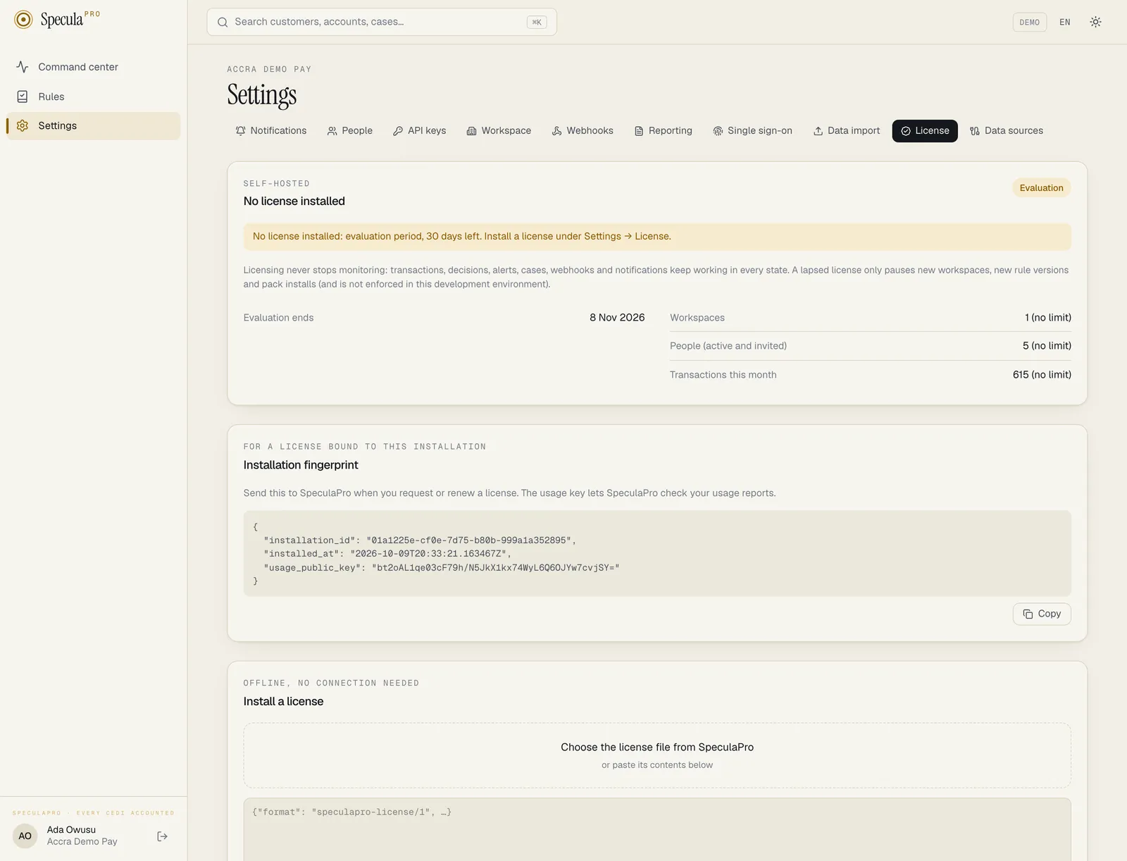 Settings, License tab on an installation without a licence: the Evaluation badge, 30 days left, what a lapsed licence never stops, the evaluation end date and usage against limits, the installation fingerprint with a Copy button, and the Install a license panel