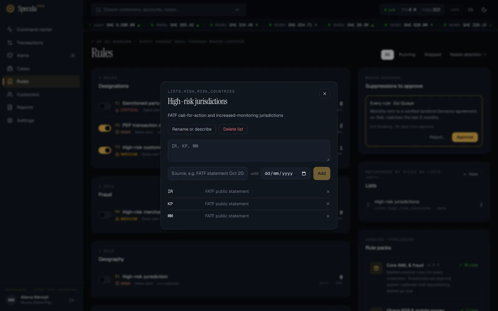 A list open from the Lists panel: Rename or describe and Delete list at the top, the values box, the source box, the until date and Add, then the values with their sources