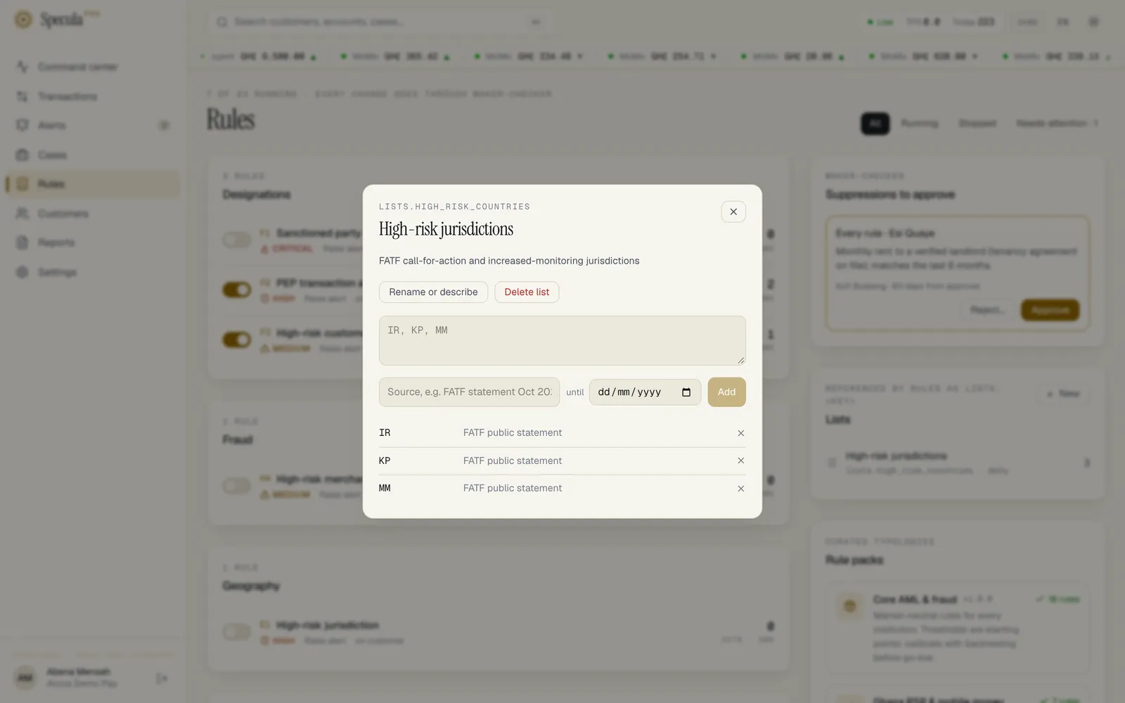A list open from the Lists panel: Rename or describe and Delete list at the top, the values box, the source box, the until date and Add, then the values with their sources
