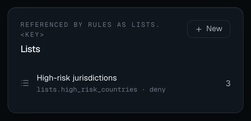 The Lists panel on the Rules page, showing the high-risk jurisdictions list and its number of values