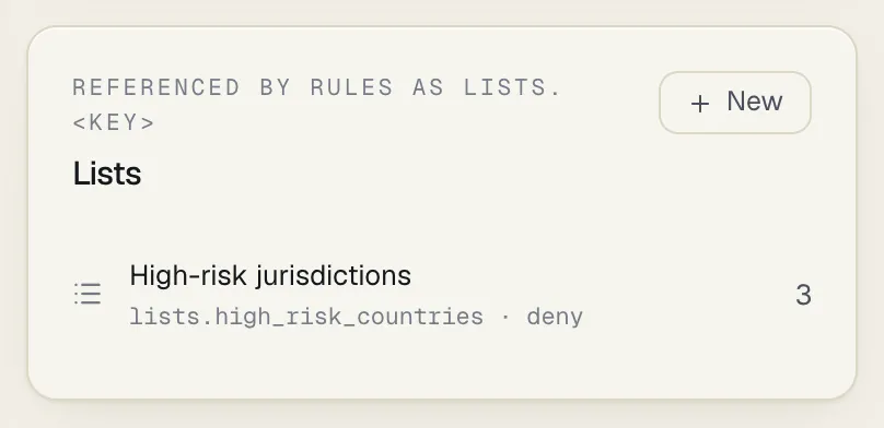 The Lists panel on the Rules page, showing the high-risk jurisdictions list and its number of values