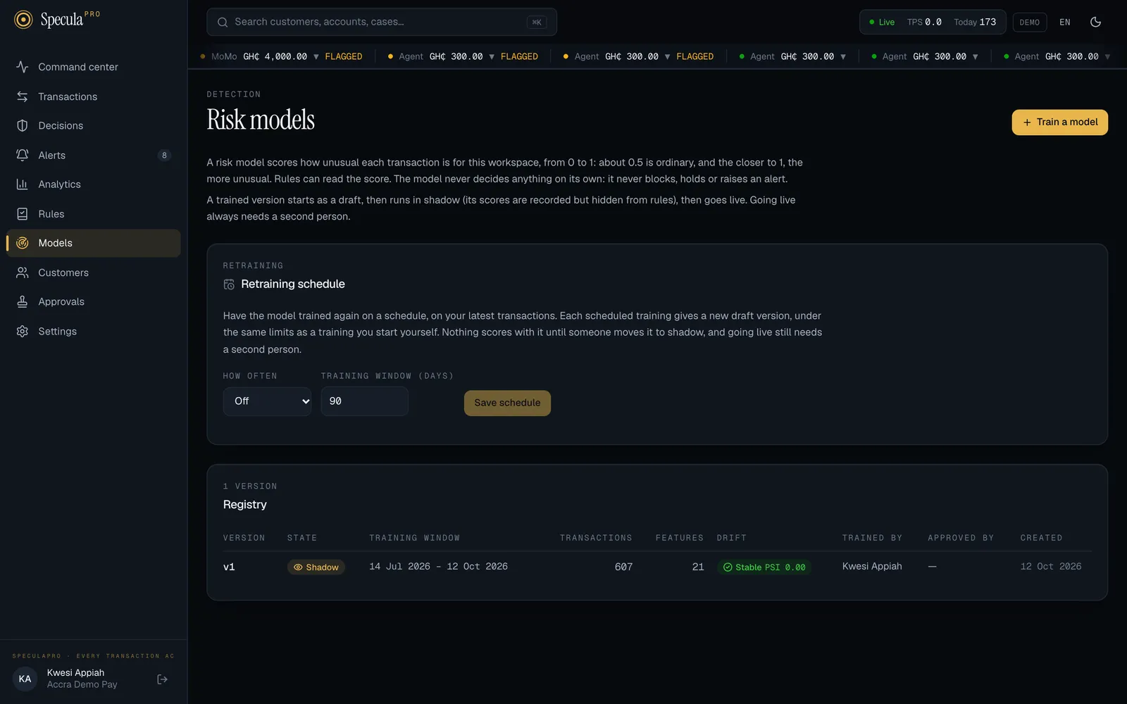 The Risk models page with its registry: one version, v1, in the Shadow state, with its training window, transactions, features and a Stable drift reading
