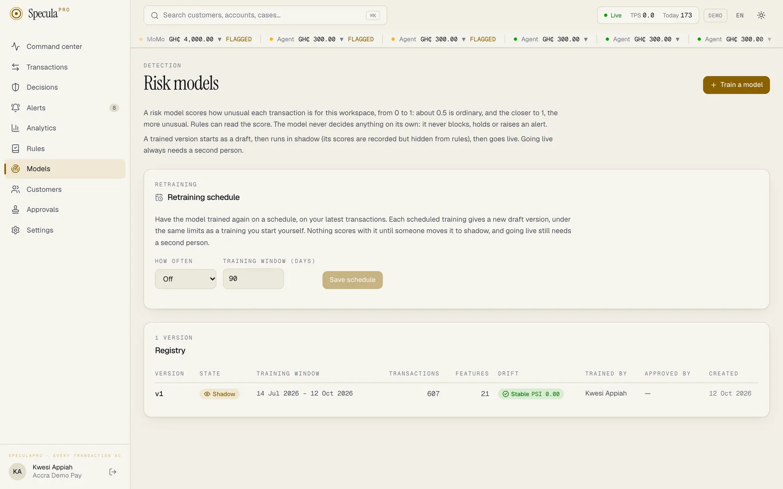 The Risk models page with its registry: one version, v1, in the Shadow state, with its training window, transactions, features and a Stable drift reading