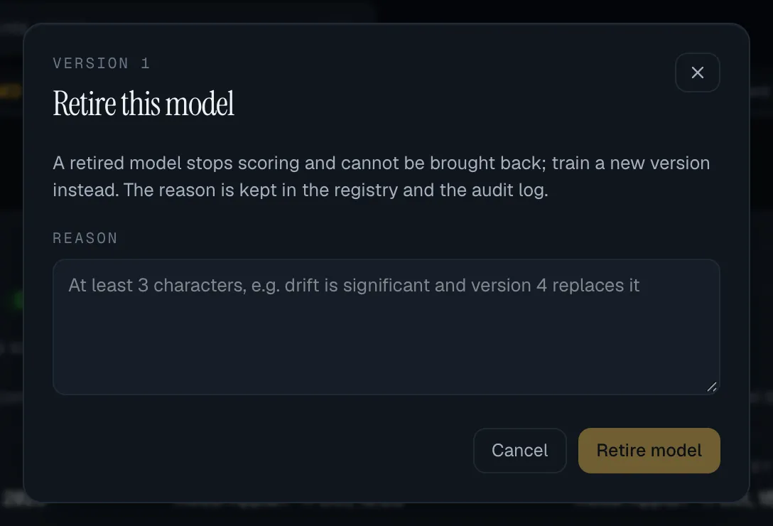 The Retire this model sheet: a retired model stops scoring and cannot be brought back, a Reason box, and the Cancel and Retire model buttons