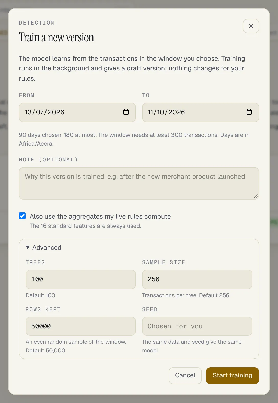 The Train a new version sheet: From and To dates with the line 90 days chosen, 180 at most and the minimum number of transactions, an optional Note, the Also use the aggregates my live rules compute tick box, and Advanced opened to show Trees, Sample size, Rows kept and Seed, with Cancel and Start training