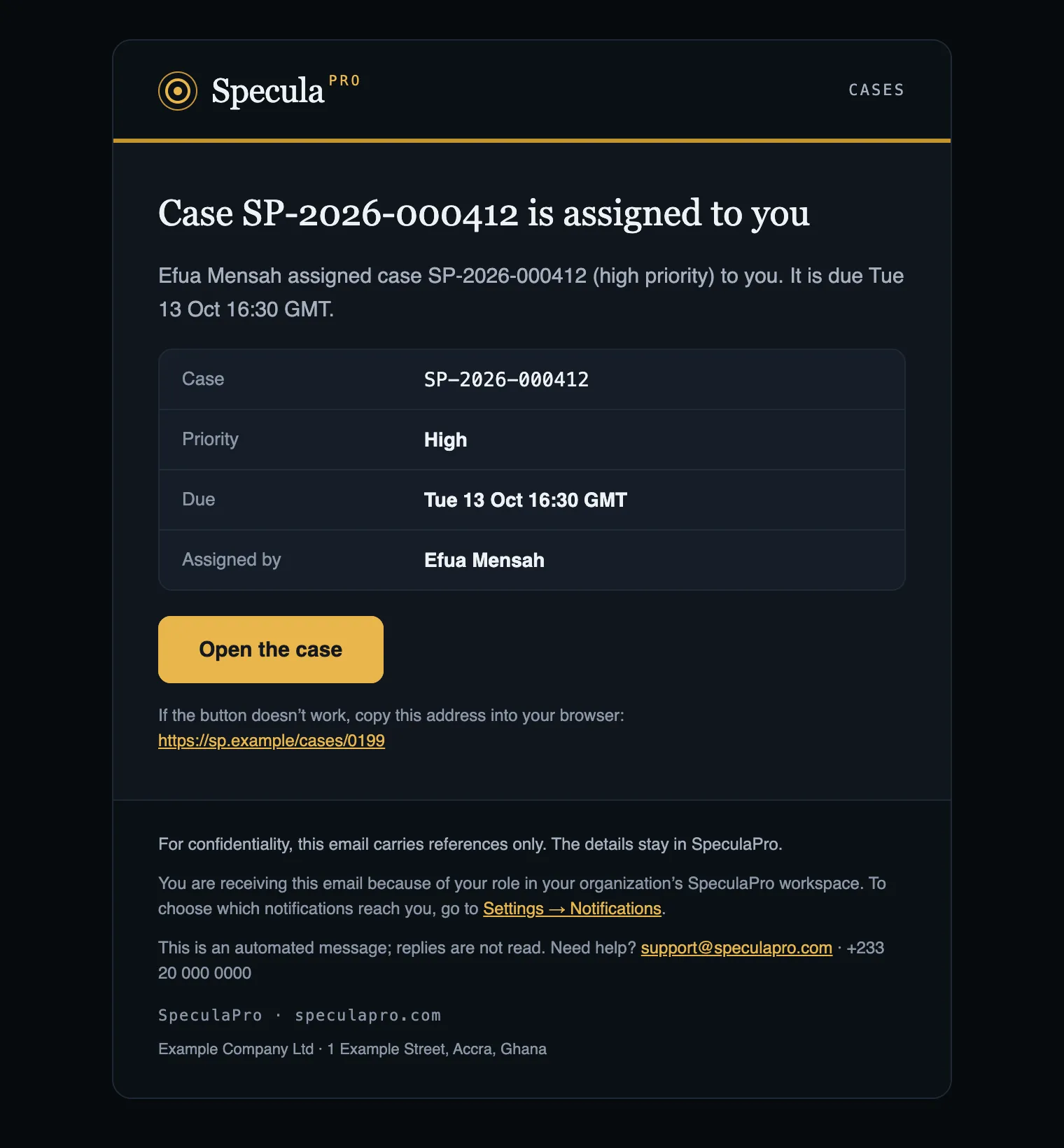 A notification email: a header with the SpeculaPro mark and the word Cases, a gold line, the heading Case SP-2026-000412 is assigned to you, a sentence of context, a details block (Case, Priority, Due, Assigned by), an Open the case button with the address under it, and a footer with the confidentiality line, why you received it, Settings, Notifications, the support contact and the company's address