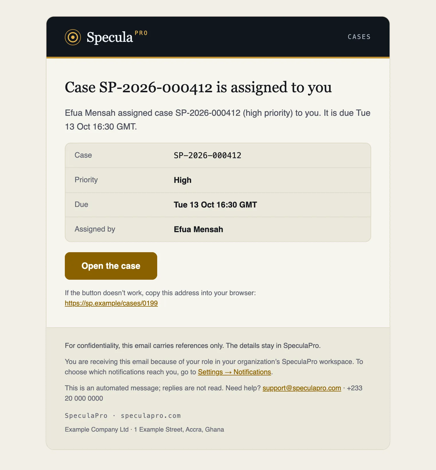 A notification email: a header with the SpeculaPro mark and the word Cases, a gold line, the heading Case SP-2026-000412 is assigned to you, a sentence of context, a details block (Case, Priority, Due, Assigned by), an Open the case button with the address under it, and a footer with the confidentiality line, why you received it, Settings, Notifications, the support contact and the company's address