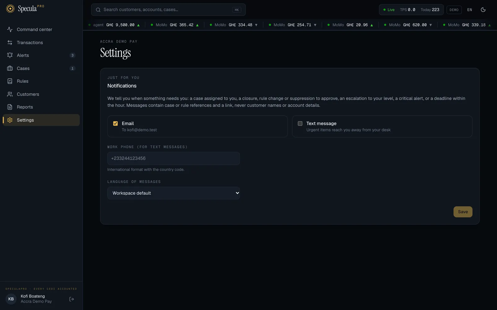 Settings, Notifications tab: Email and Text message switches, the work phone box and Save