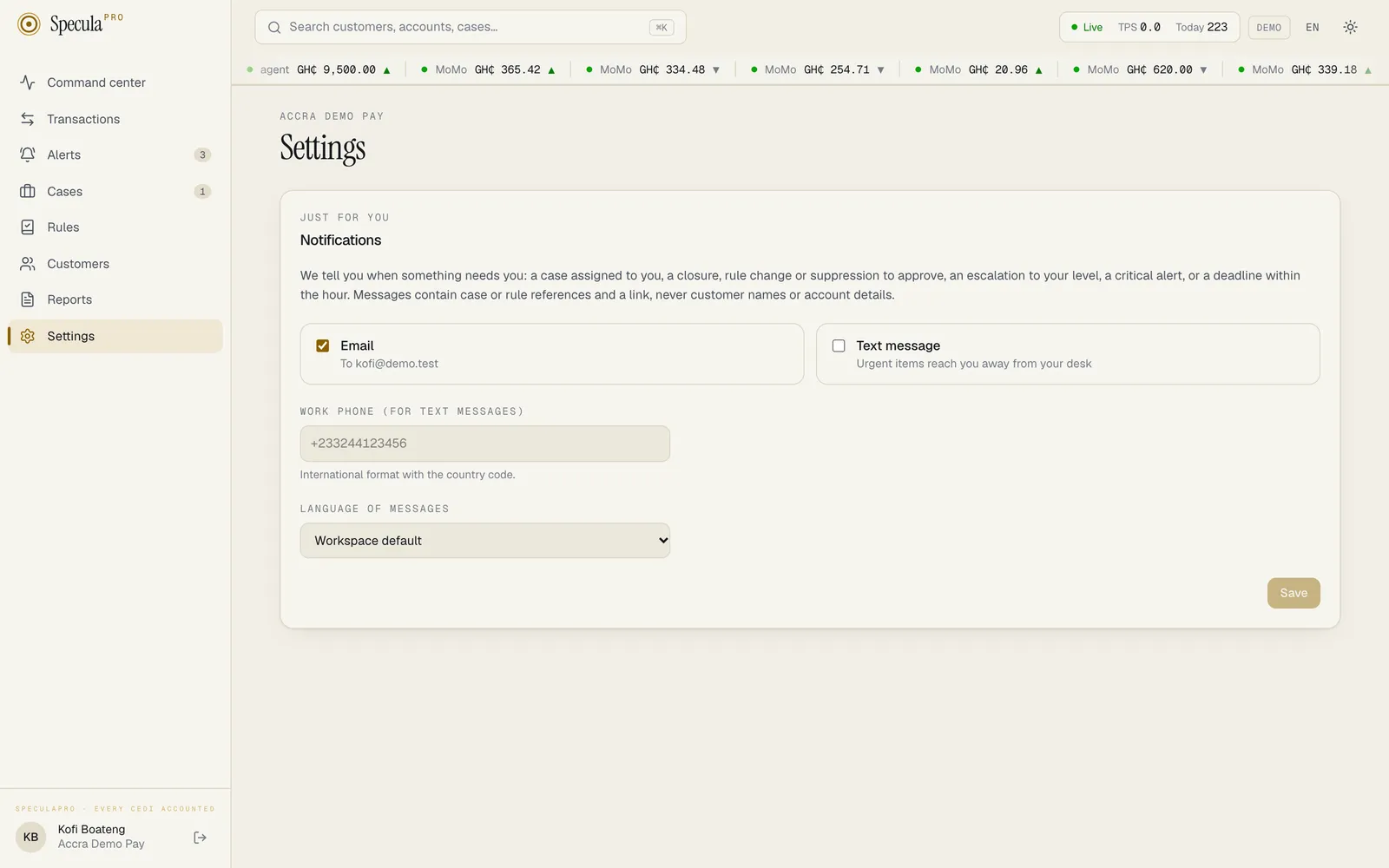 Settings, Notifications tab: Email and Text message switches, the work phone box and Save