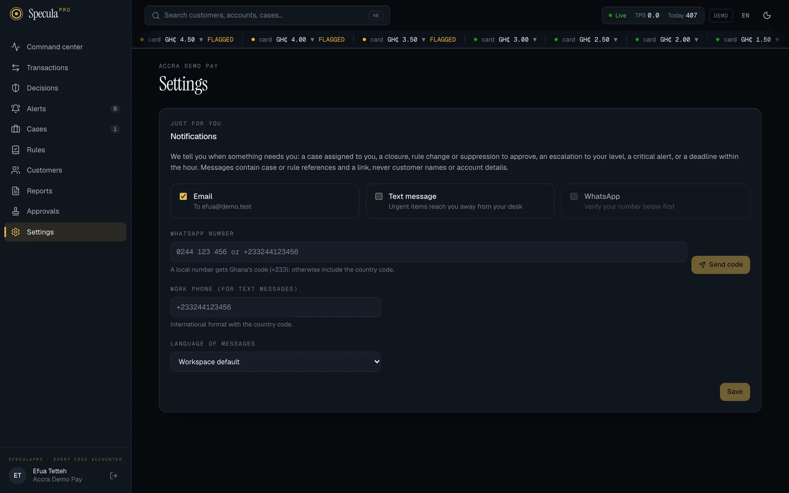 Settings, Notifications tab for an analyst: Email ticked, Text message unticked, and WhatsApp greyed out with Verify your number below first; then the WhatsApp number box with the Send code button and the hint that a local number gets Ghana's code, the work phone for text messages, and the language of messages