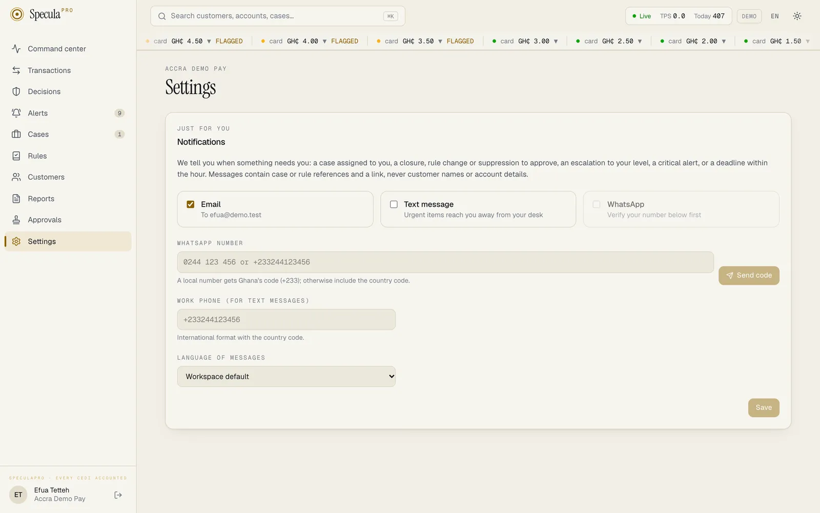 Settings, Notifications tab for an analyst: Email ticked, Text message unticked, and WhatsApp greyed out with Verify your number below first; then the WhatsApp number box with the Send code button and the hint that a local number gets Ghana's code, the work phone for text messages, and the language of messages