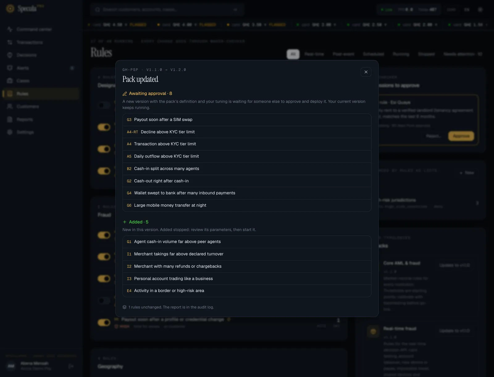 The Pack updated sheet after upgrading gh-psp from v1.1.0 to v1.2.0: 8 rules awaiting approval with a new version carrying your tuning, 5 rules added stopped, and a line saying the report is in the audit log