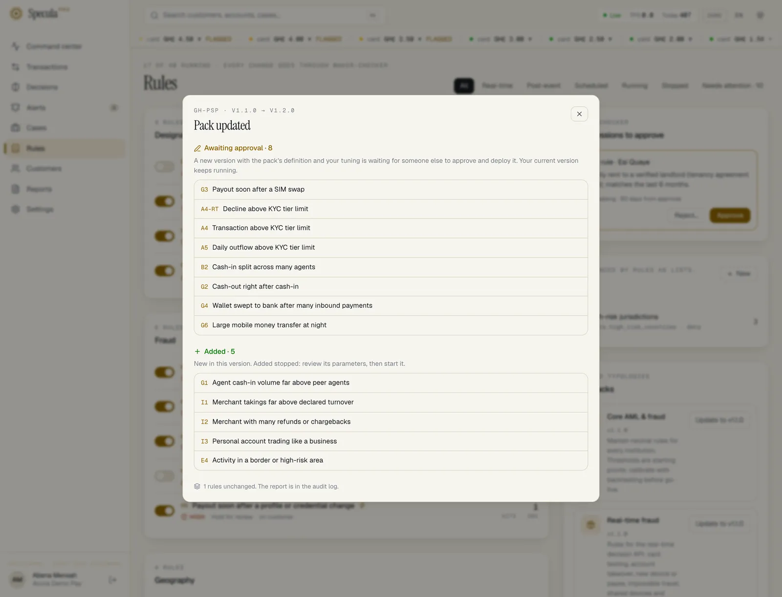 The Pack updated sheet after upgrading gh-psp from v1.1.0 to v1.2.0: 8 rules awaiting approval with a new version carrying your tuning, 5 rules added stopped, and a line saying the report is in the audit log
