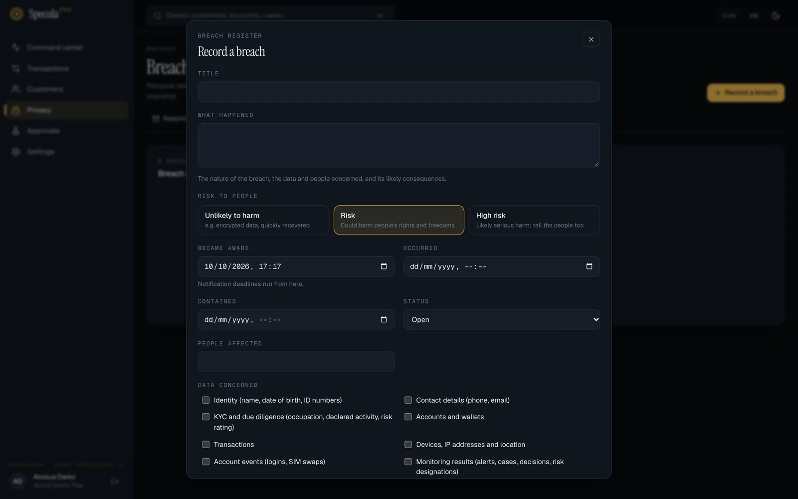 The Record a breach panel: title, what happened, risk to people (Unlikely to harm, Risk selected, High risk), became aware, occurred, contained, status, people affected and the data concerned