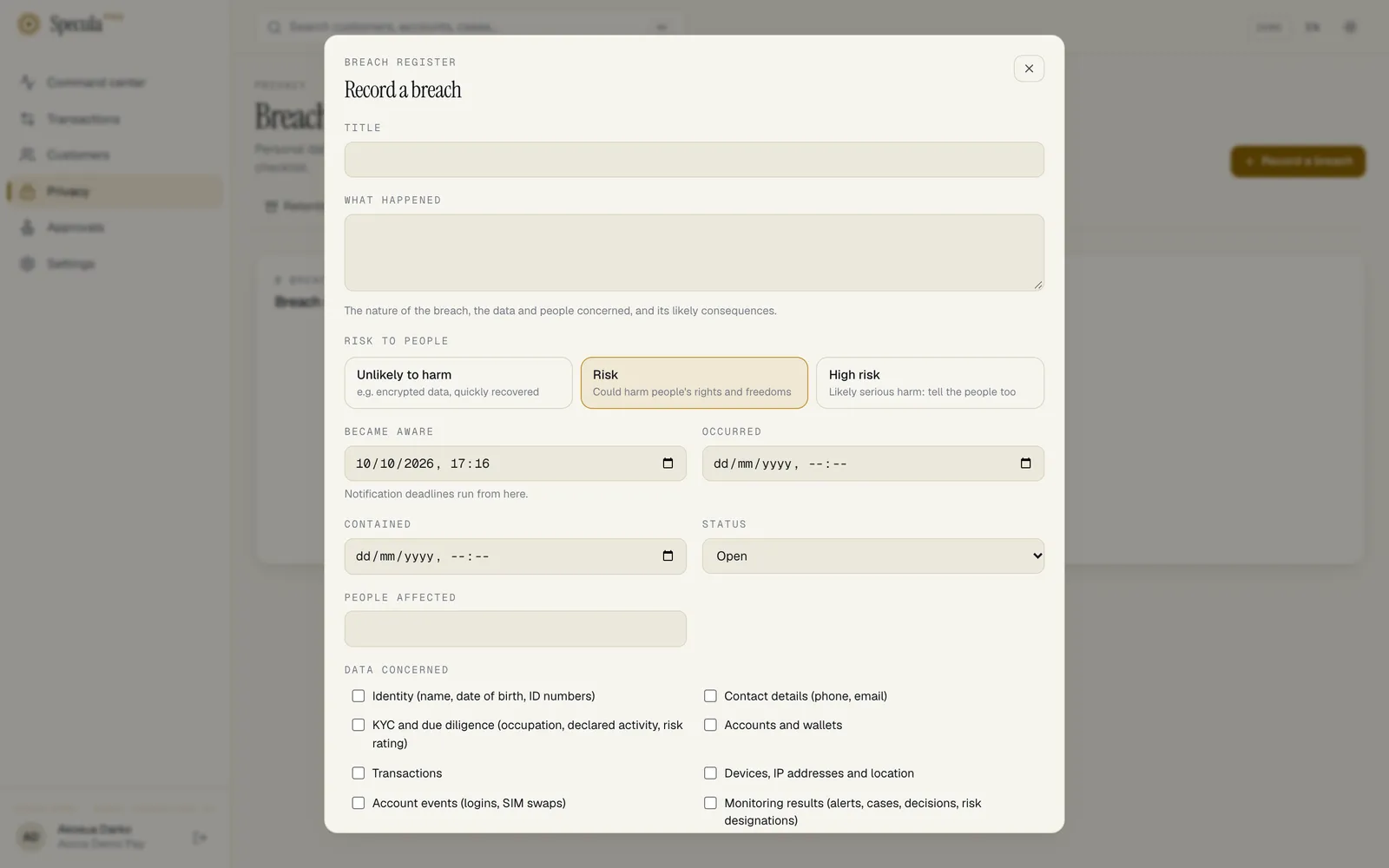 The Record a breach panel: title, what happened, risk to people (Unlikely to harm, Risk selected, High risk), became aware, occurred, contained, status, people affected and the data concerned